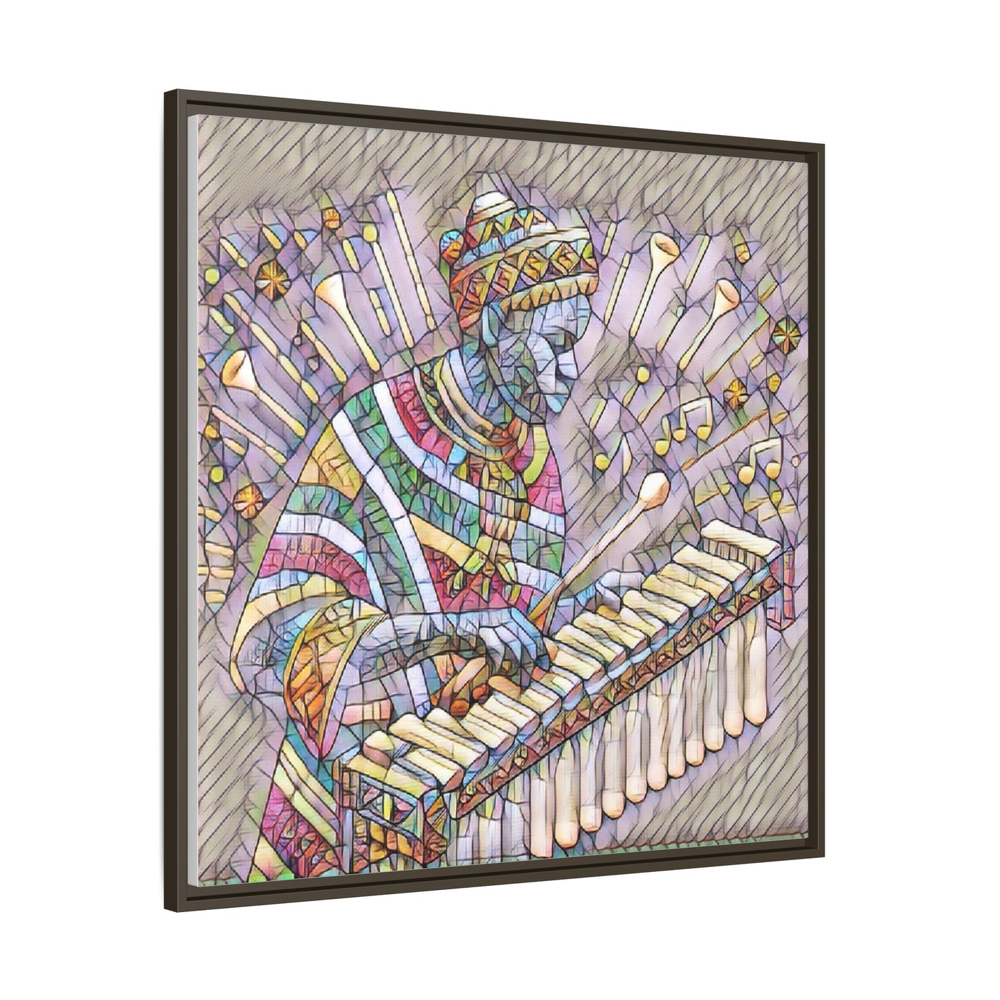 Colorful Marimba Musician Matte Framed Canvas — Vibrant African Instrument Wall Art