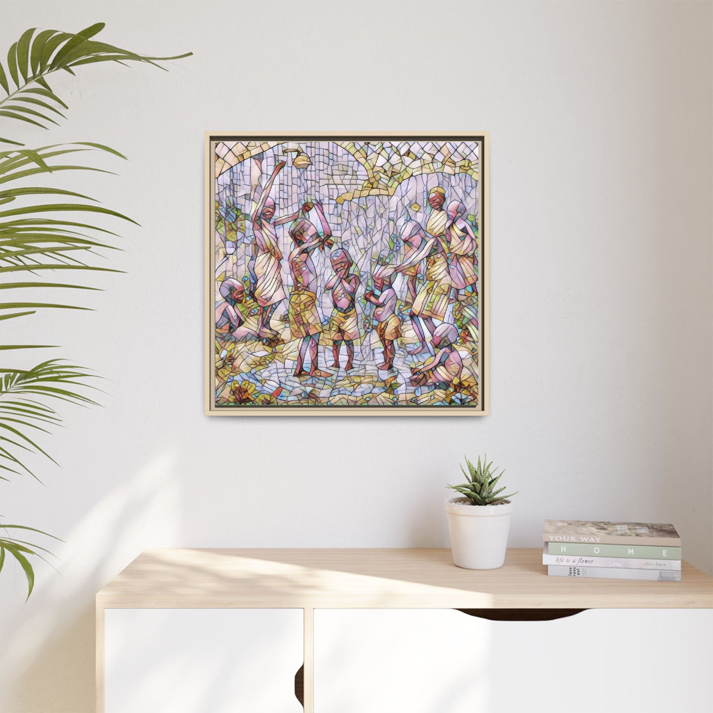Framed Matte Canvas – Colorful Mosaic Children Playing Wall Art