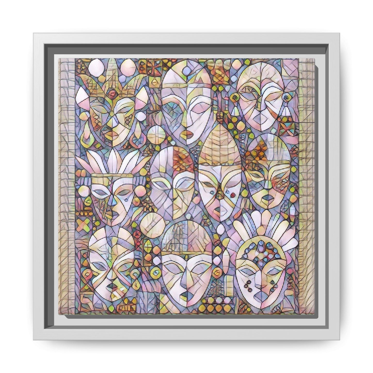 Framed Abstract Mask Art Canvas — Multicolor Stained-Glass Faces Wall Decor