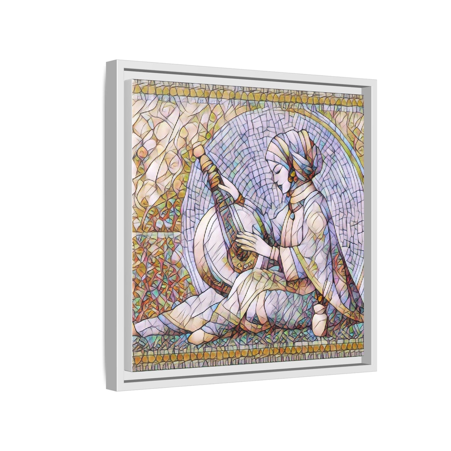 Framed Matte Canvas: Mosaic Lute Player Wall Art — Bohemian Musical Portrait