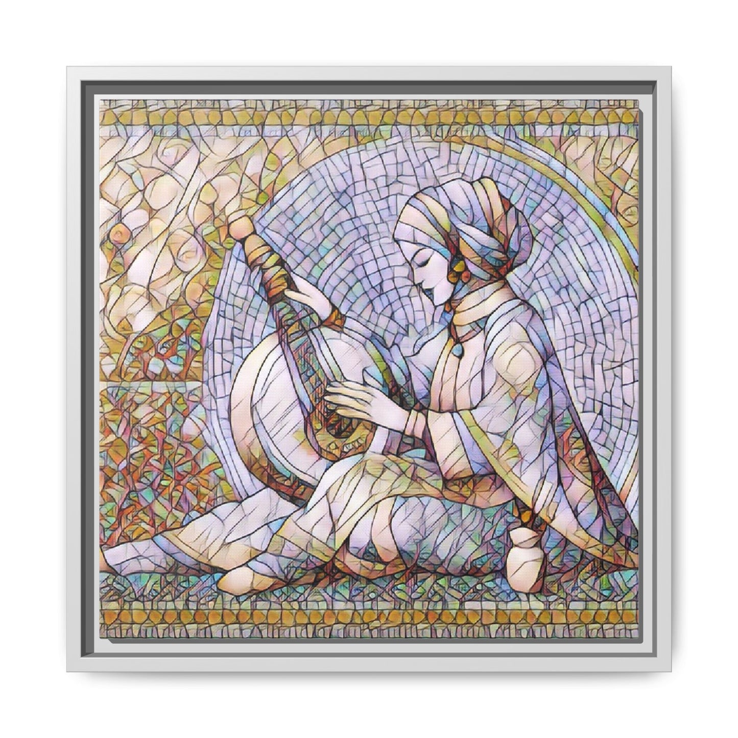 Framed Matte Canvas: Mosaic Lute Player Wall Art — Bohemian Musical Portrait