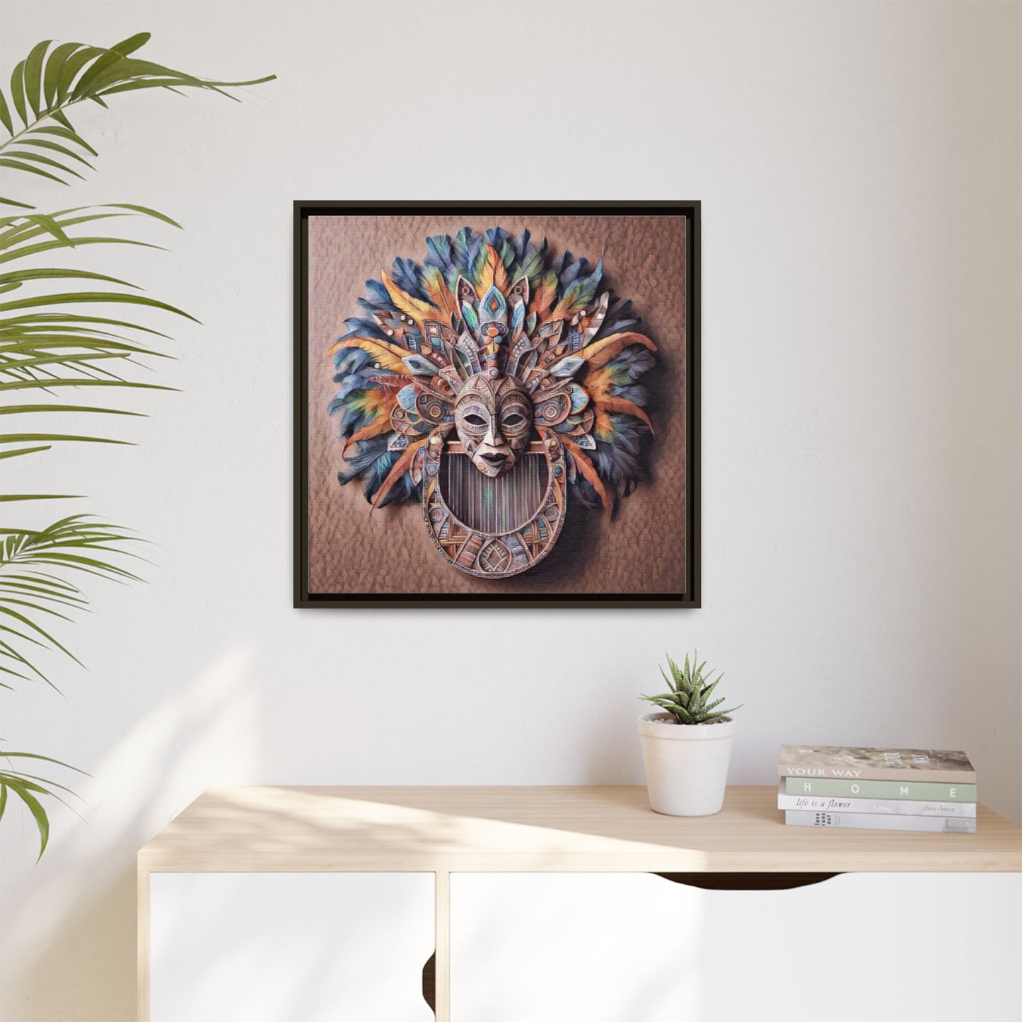 Tribal Feather Mask Framed Canvas Wall Art — Colorful Boho Decorative Print