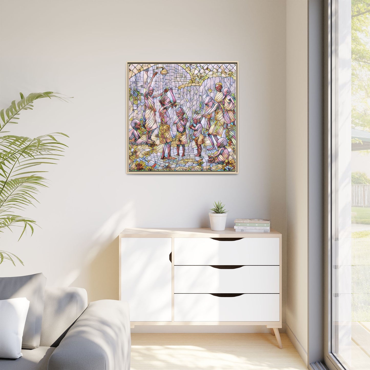Framed Matte Canvas – Colorful Mosaic Children Playing Wall Art