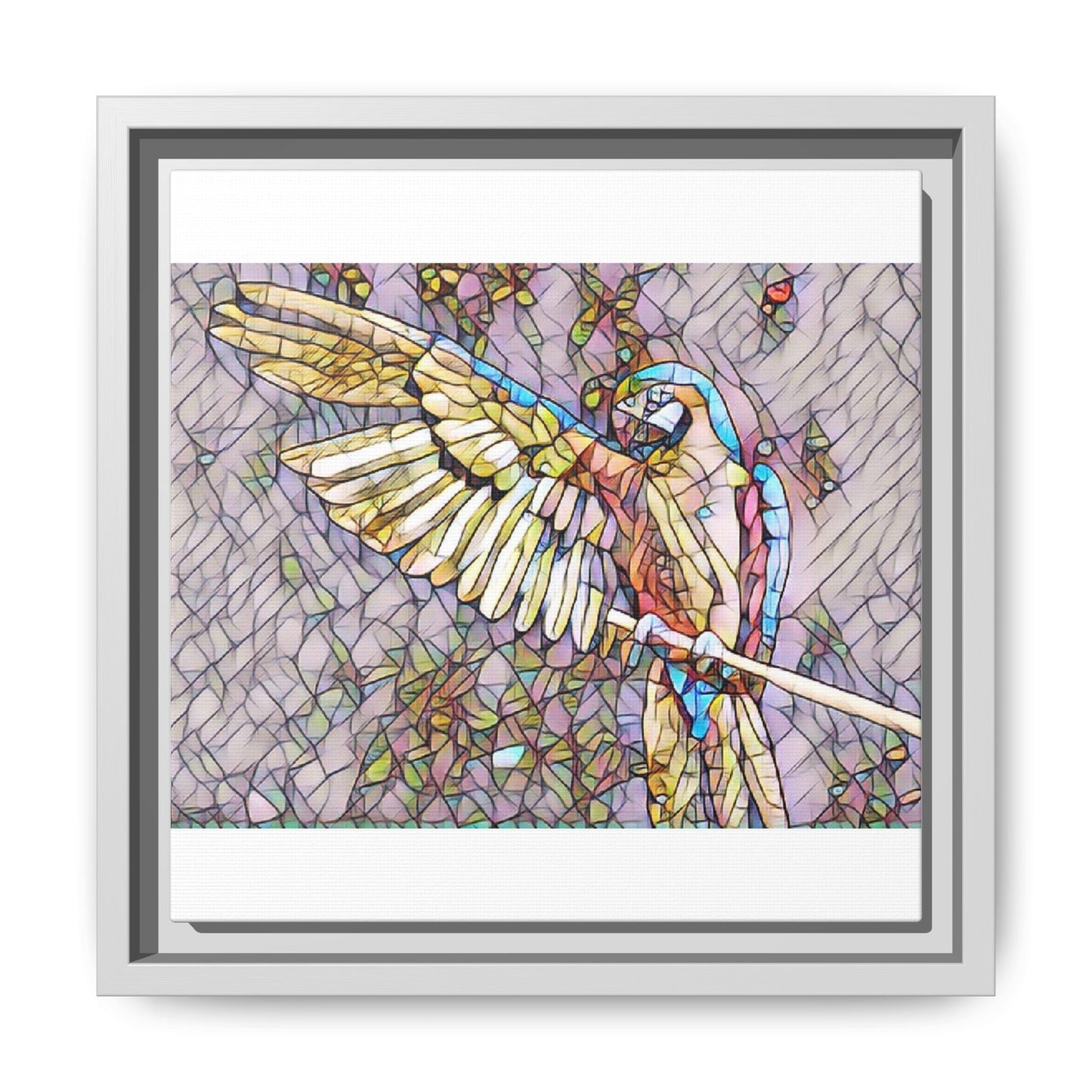 Framed Parrot Stained-Glass Art Print — Matte Canvas Wall Decor