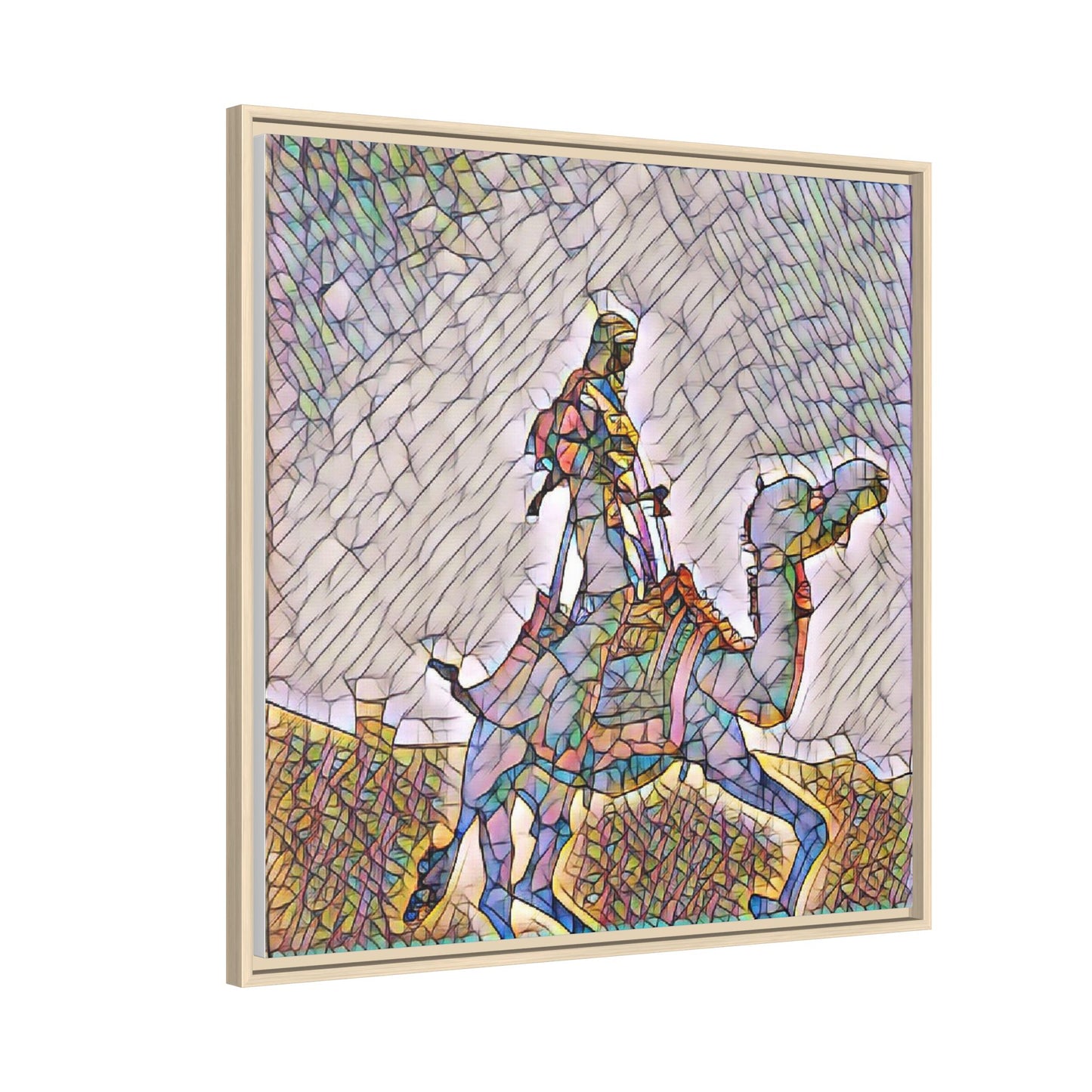 Framed Camel Rider Matte Canvas Art — Colorful Mosaic Desert Wall Decor