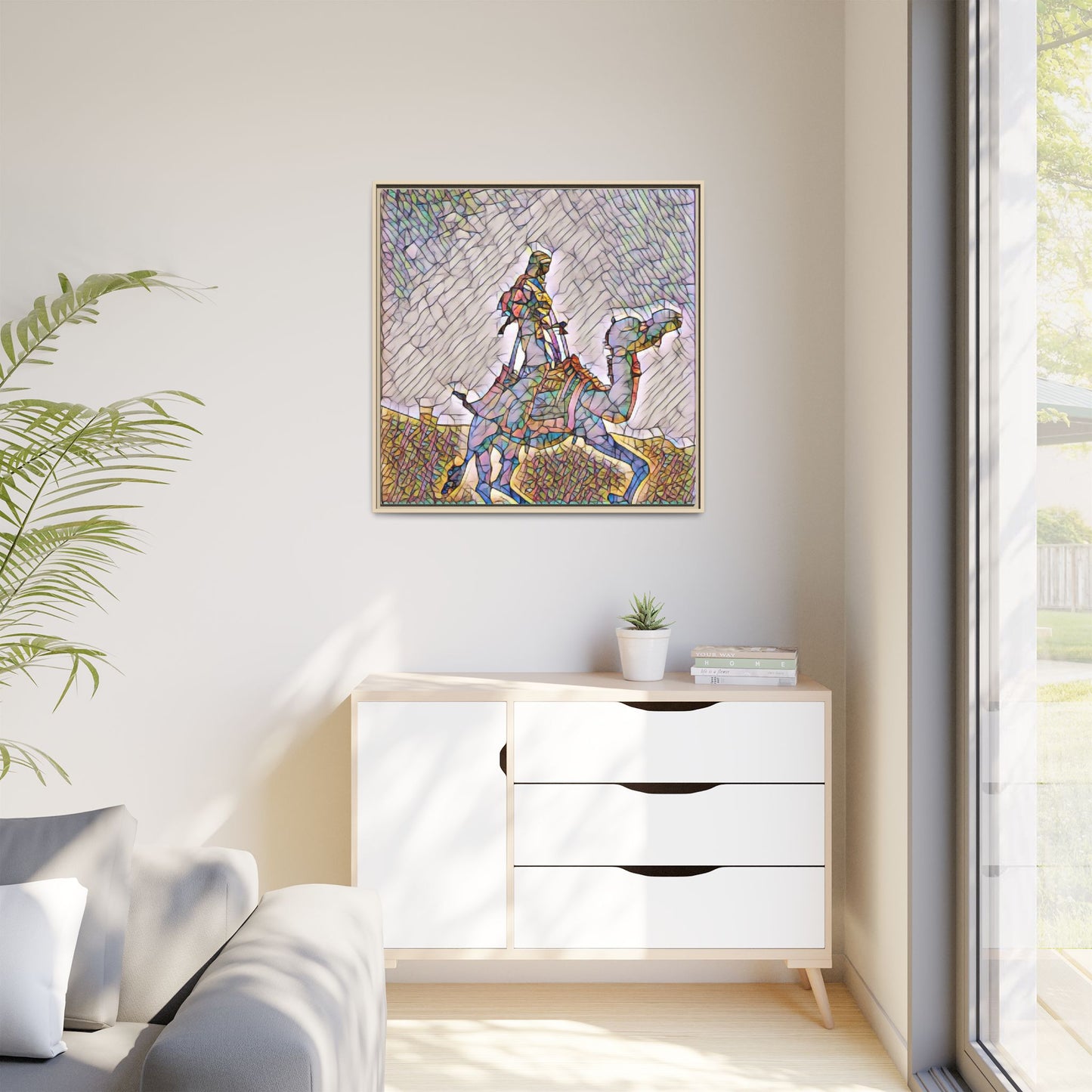 Framed Camel Rider Matte Canvas Art — Colorful Mosaic Desert Wall Decor