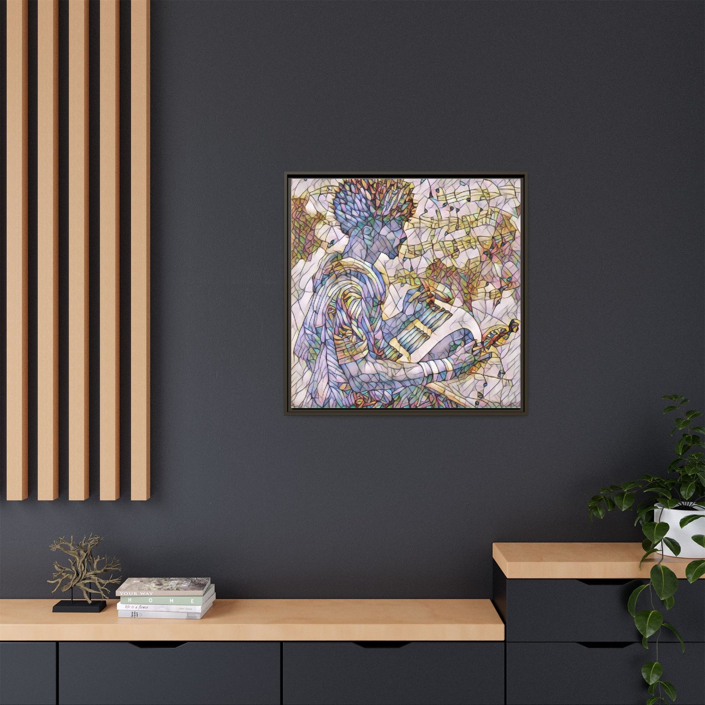 Abstract Jazz Musician Framed Canvas Art — Colorful Stained-Glass Style Wall Decor