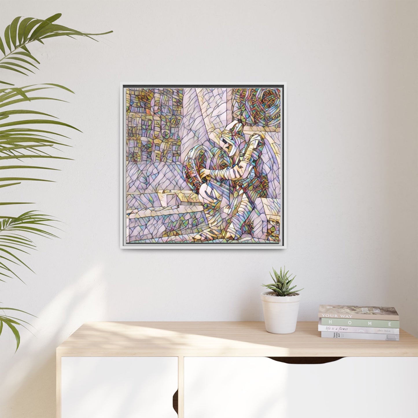 Framed Matte Canvas Art — Colorful Stained-Glass Astronaut Embrace