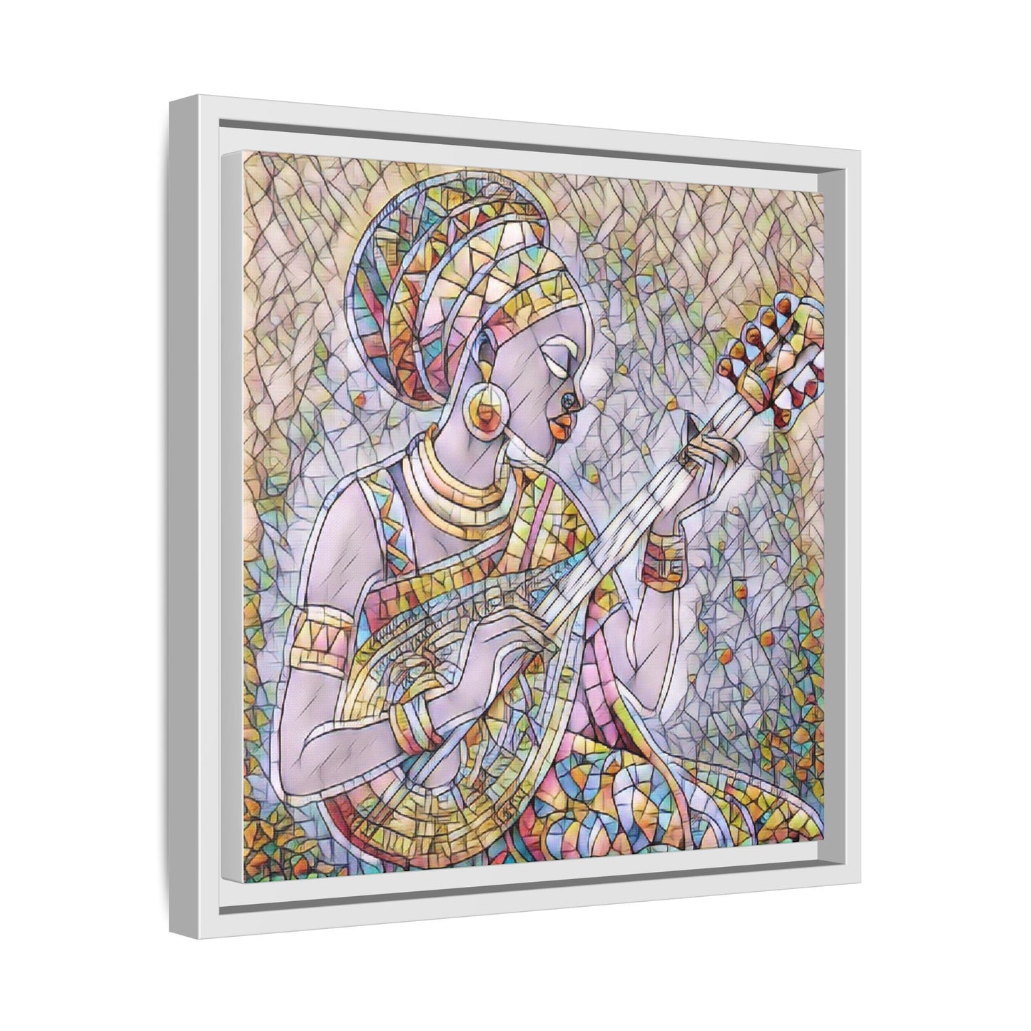 Framed Canvas Art — Colorful African Woman Playing Lute (Matte Multi‑Color)