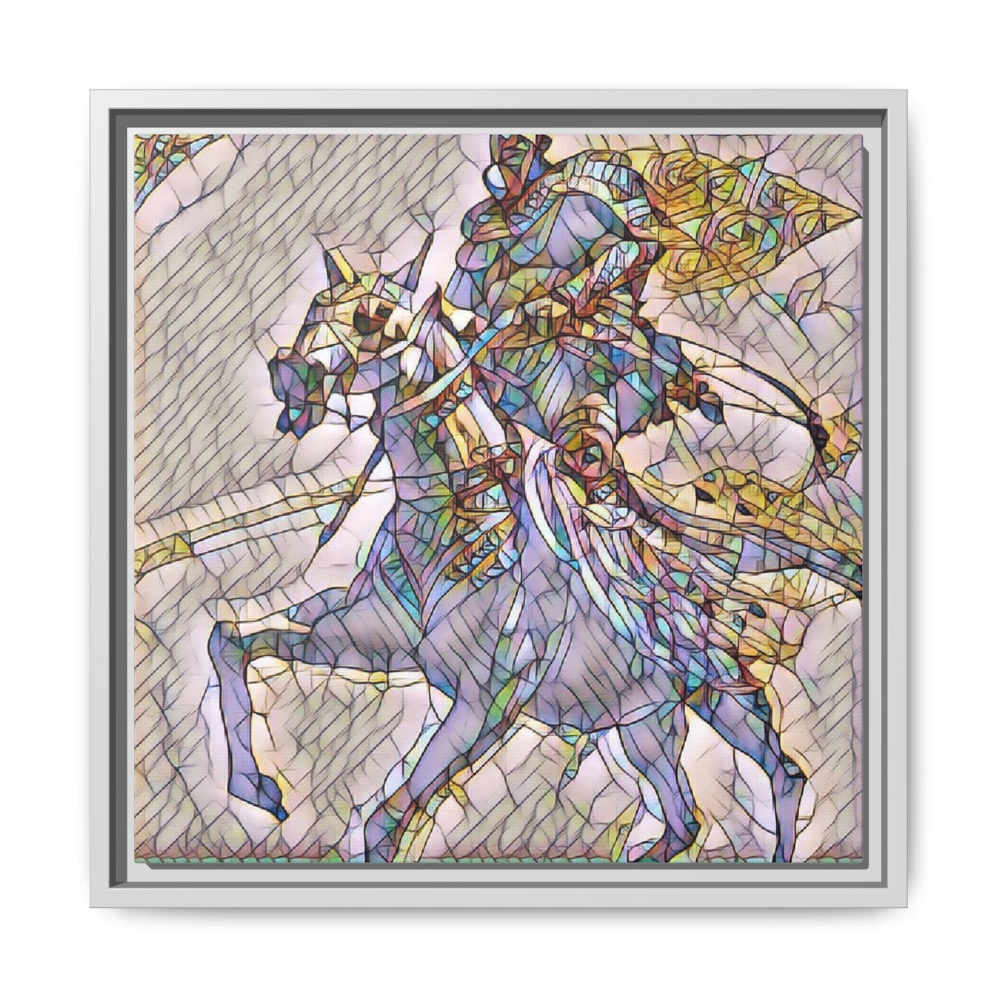 Framed Matte Canvas Art — Stained Glass Knight on Horse Fantasy Wall Decor