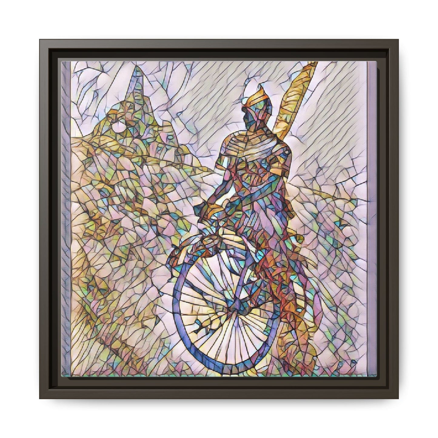 Cyclist Stained Glass Art Print — Framed Matte Canvas