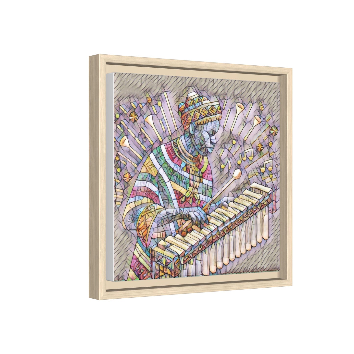 Colorful Marimba Musician Matte Framed Canvas — Vibrant African Instrument Wall Art