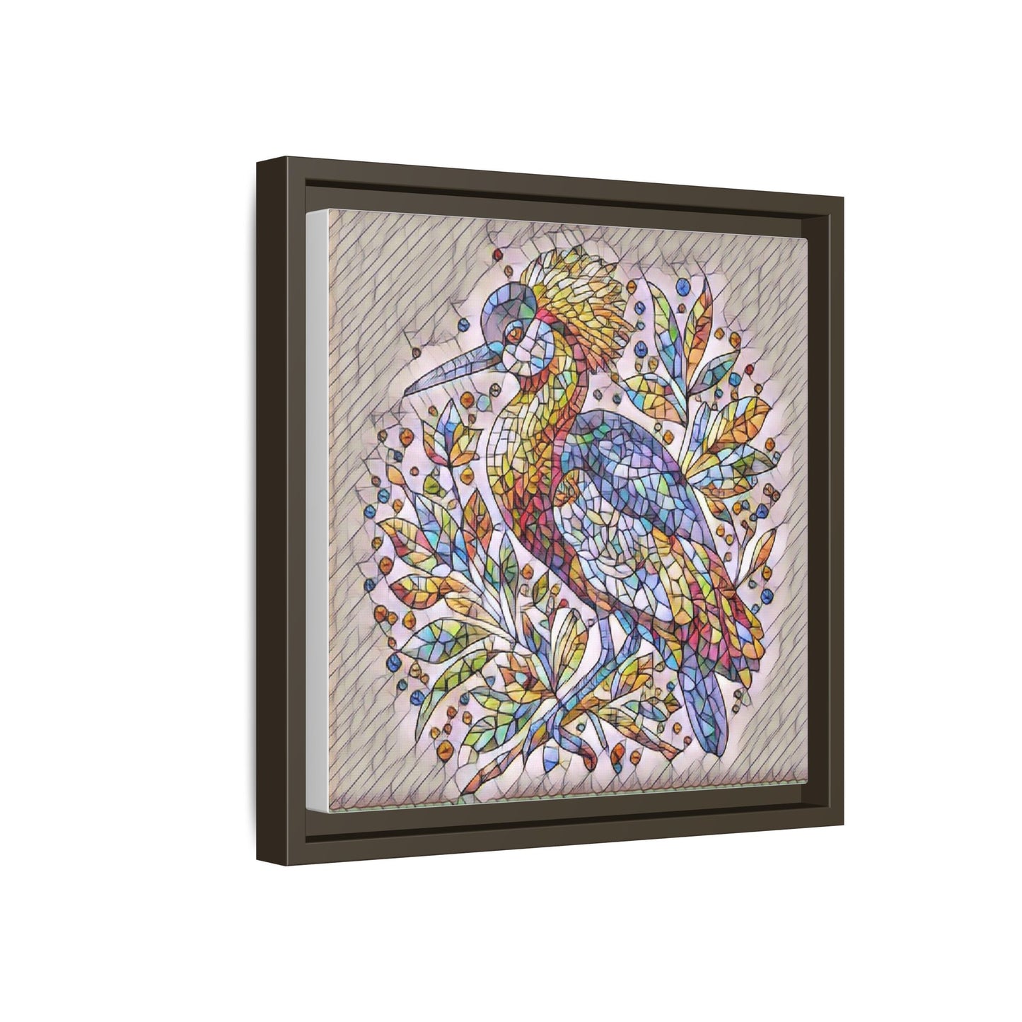 Colorful Stained-Glass Heron — Framed Matte Canvas Wall Art