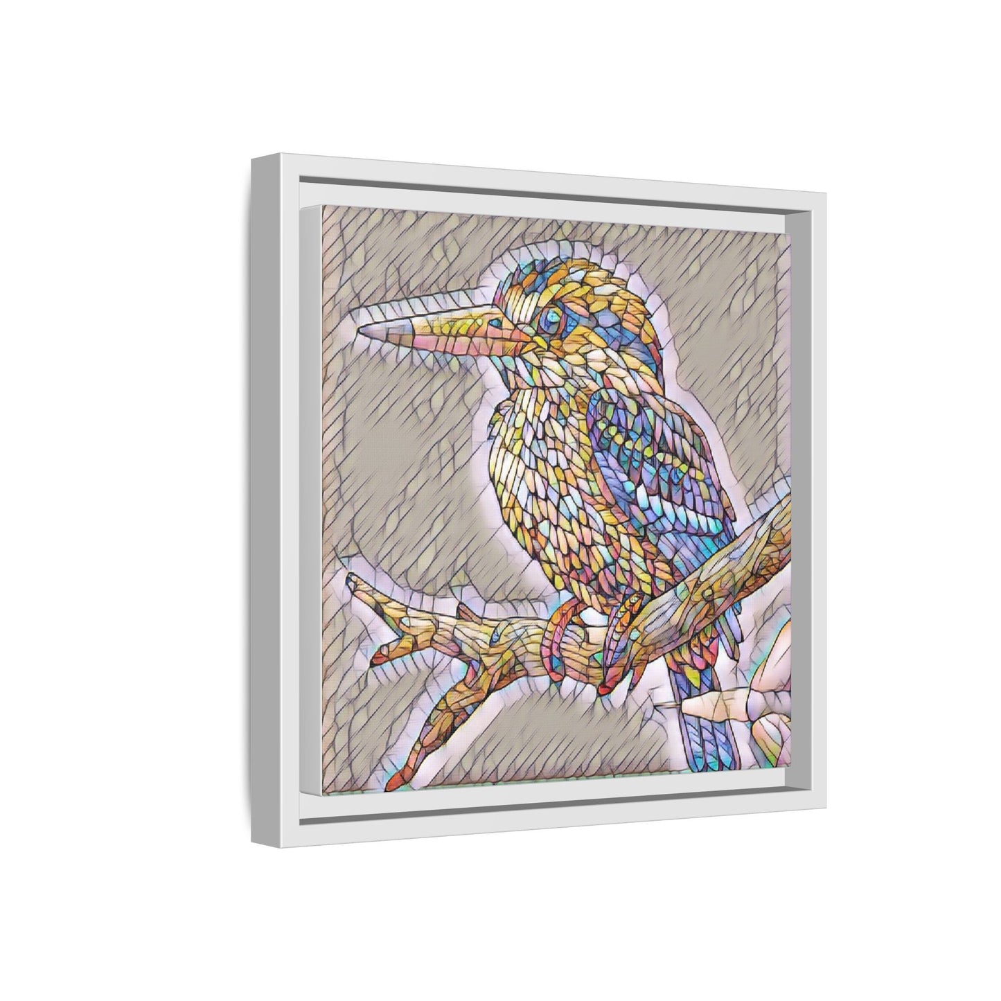 Colorful Kingfisher Framed Canvas Wall Art — Stained-Glass Style Bird Print