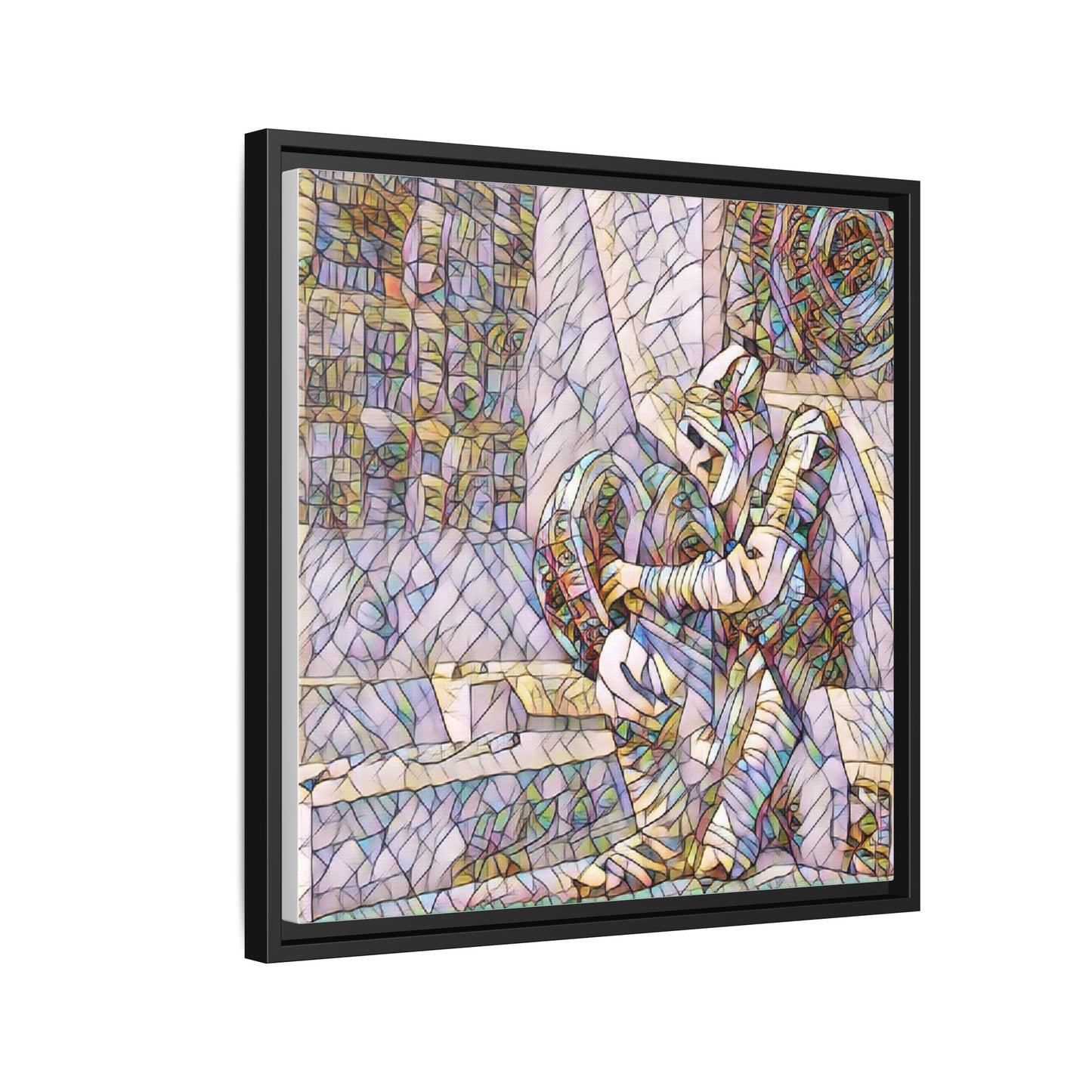 Framed Matte Canvas Art — Colorful Stained-Glass Astronaut Embrace