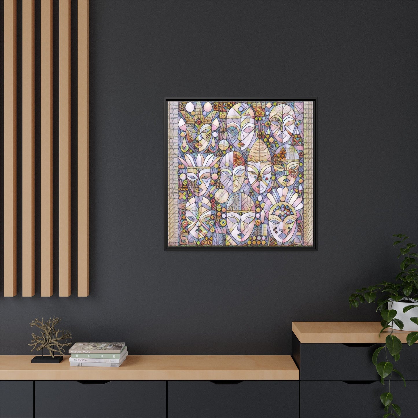 Framed Abstract Mask Art Canvas — Multicolor Stained-Glass Faces Wall Decor