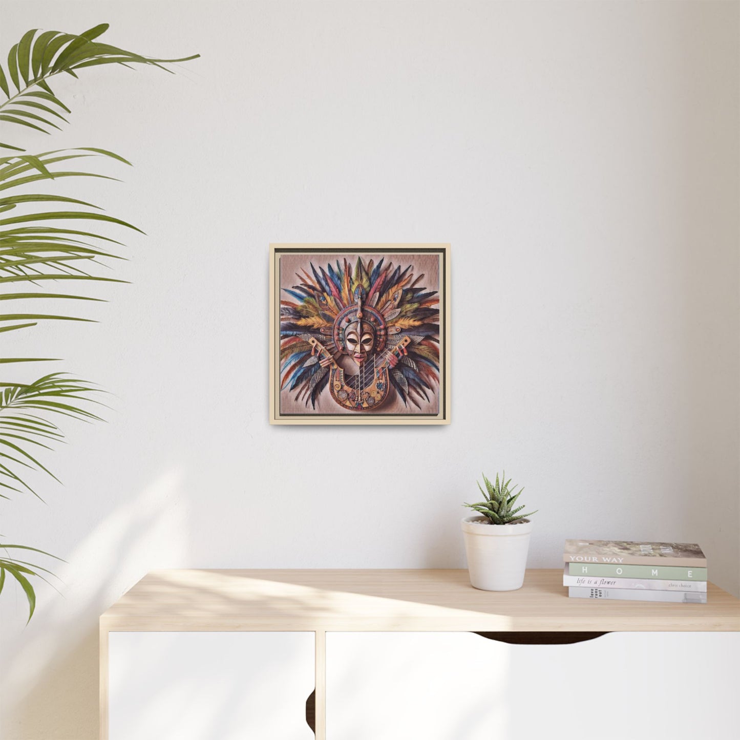 Tribal Feather Mask Guitar Framed Canvas Art — Colorful Boho Wall Decor