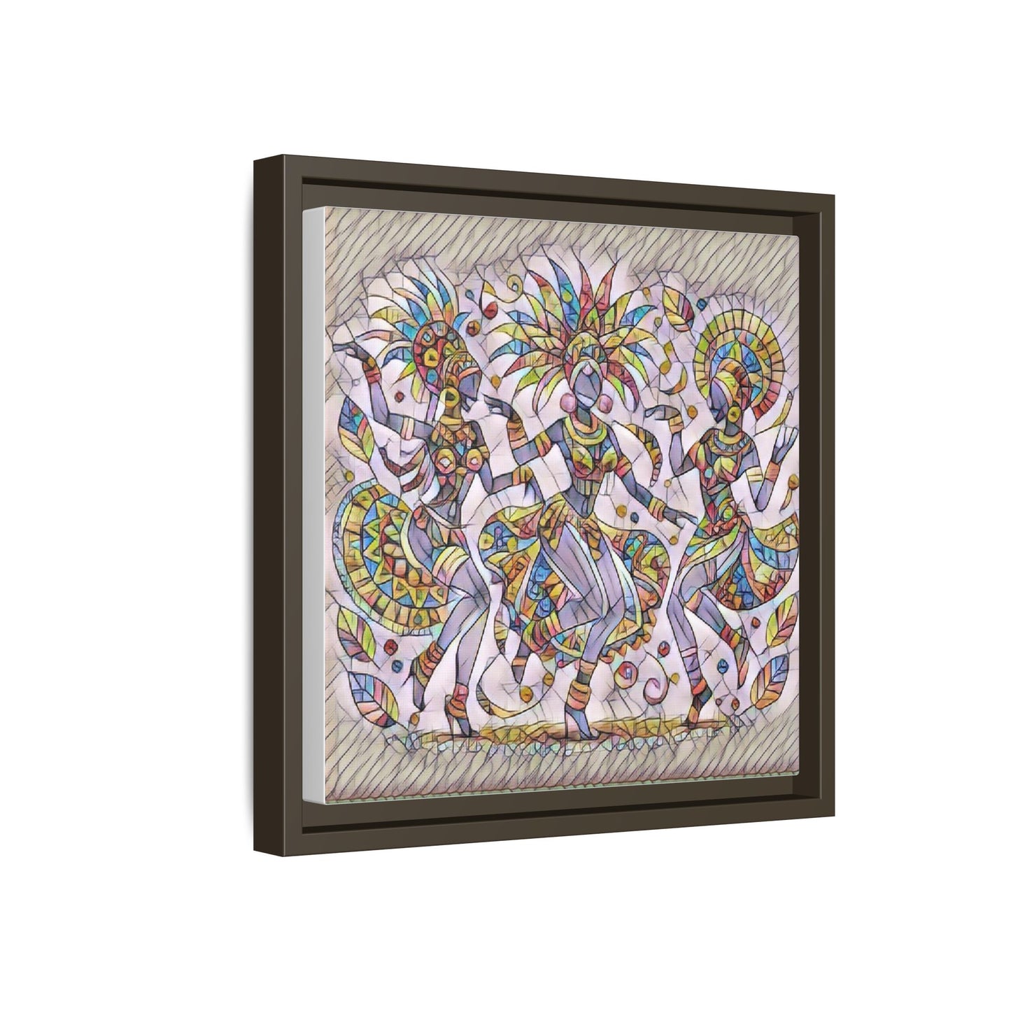Colorful Carnival Dancers Framed Canvas Art — Multicolor Tribal Celebration Print