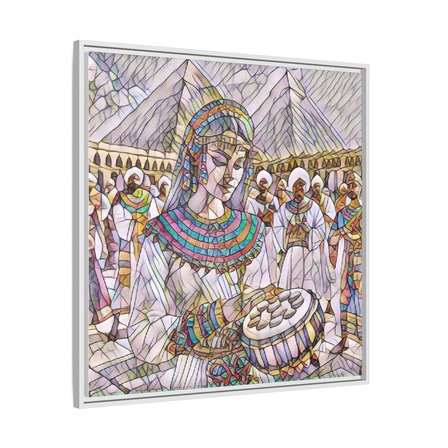 Egyptian Drum Player Framed Canvas Art — Colorful Ancient Scene Wall Decor