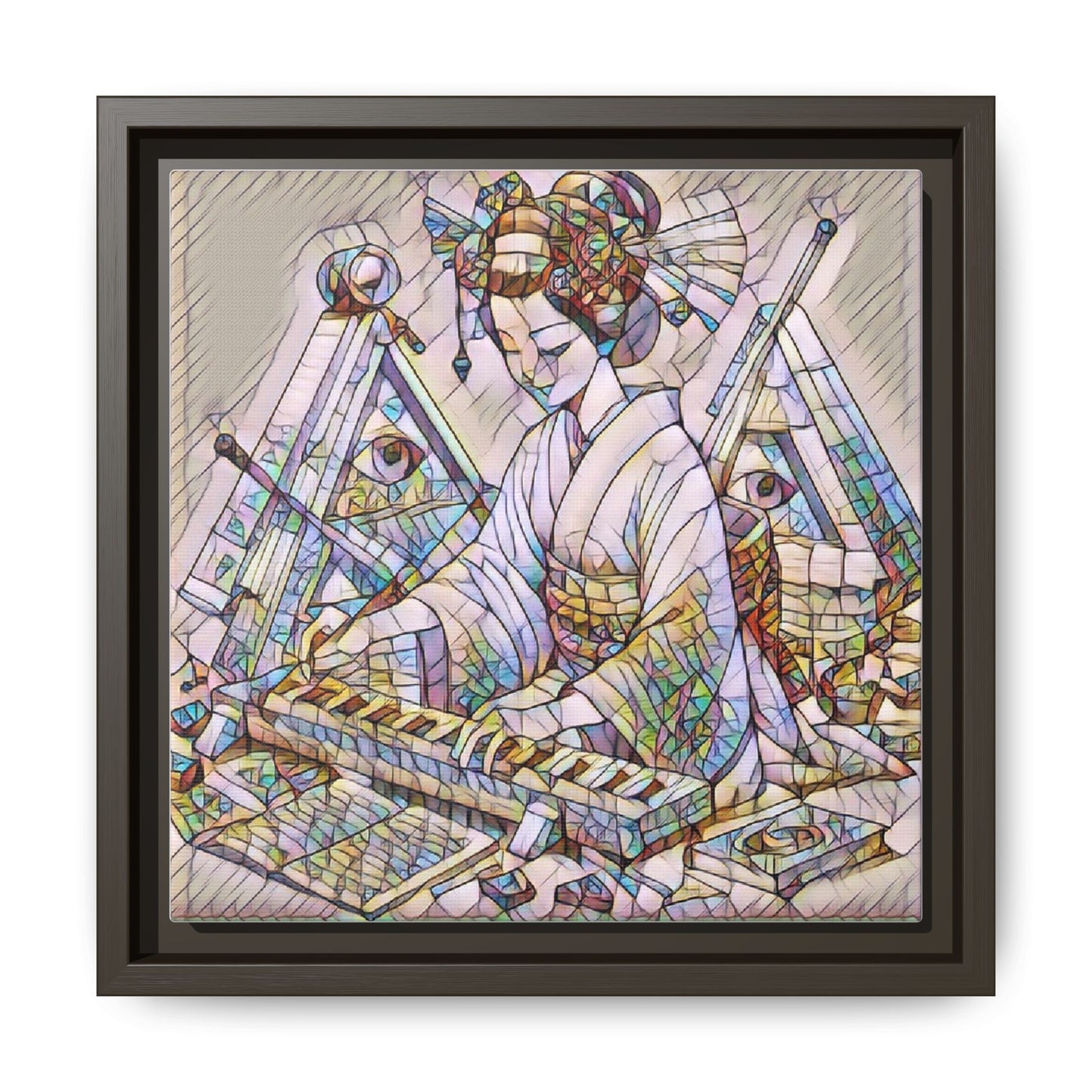 Framed Matte Canvas: Stained-Glass Geisha Wall Art