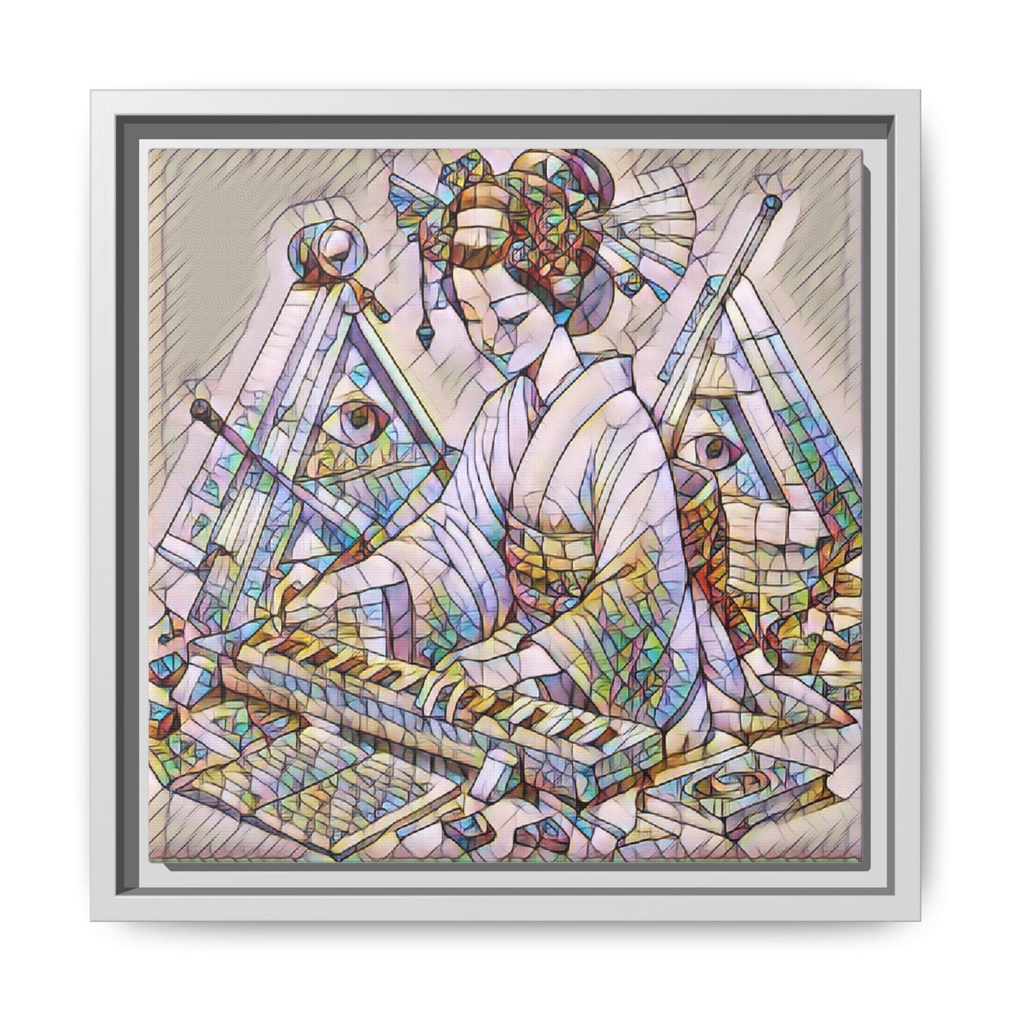 Framed Matte Canvas: Stained-Glass Geisha Wall Art