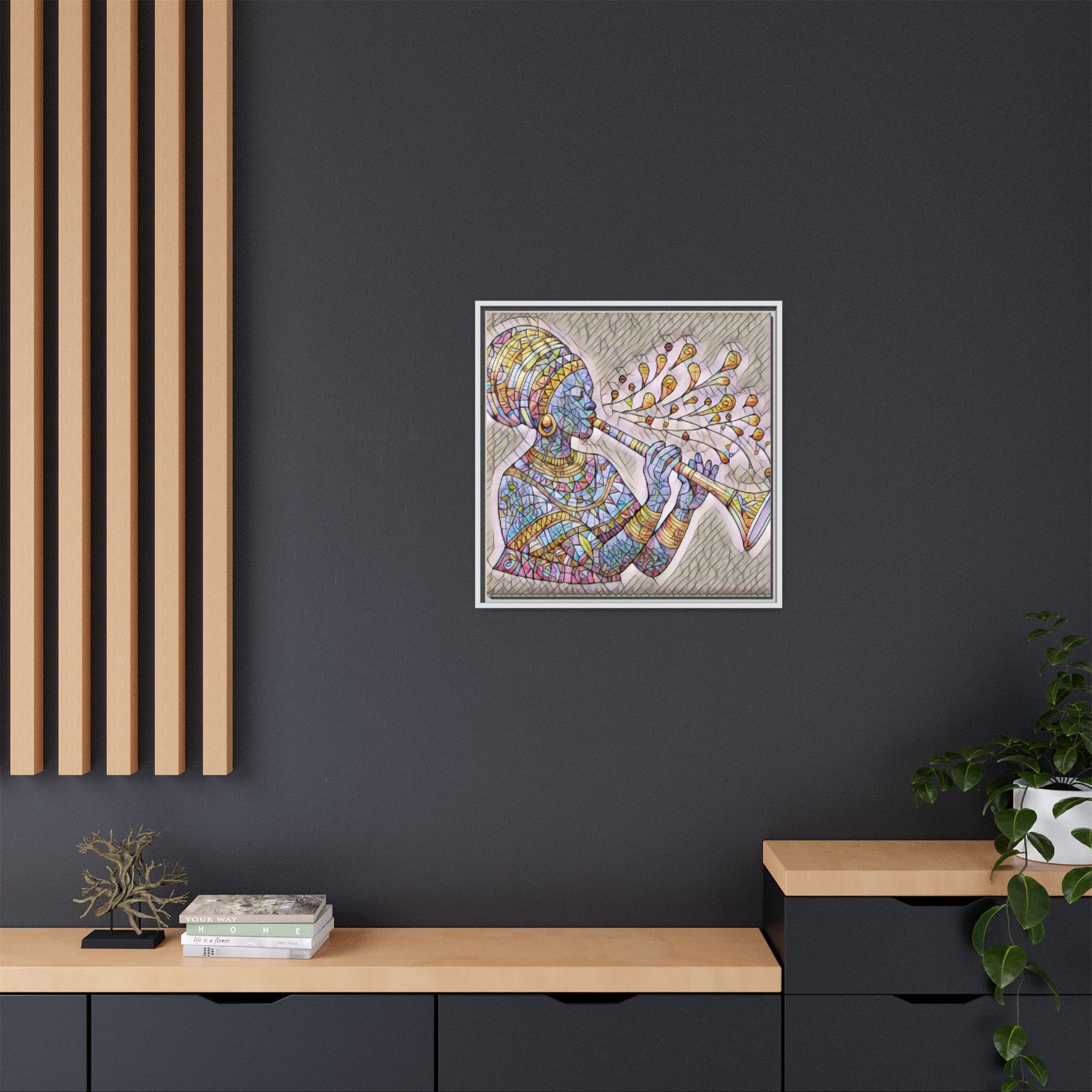 Framed Matte Canvas Art – Colorful African Musician Trumpet Print