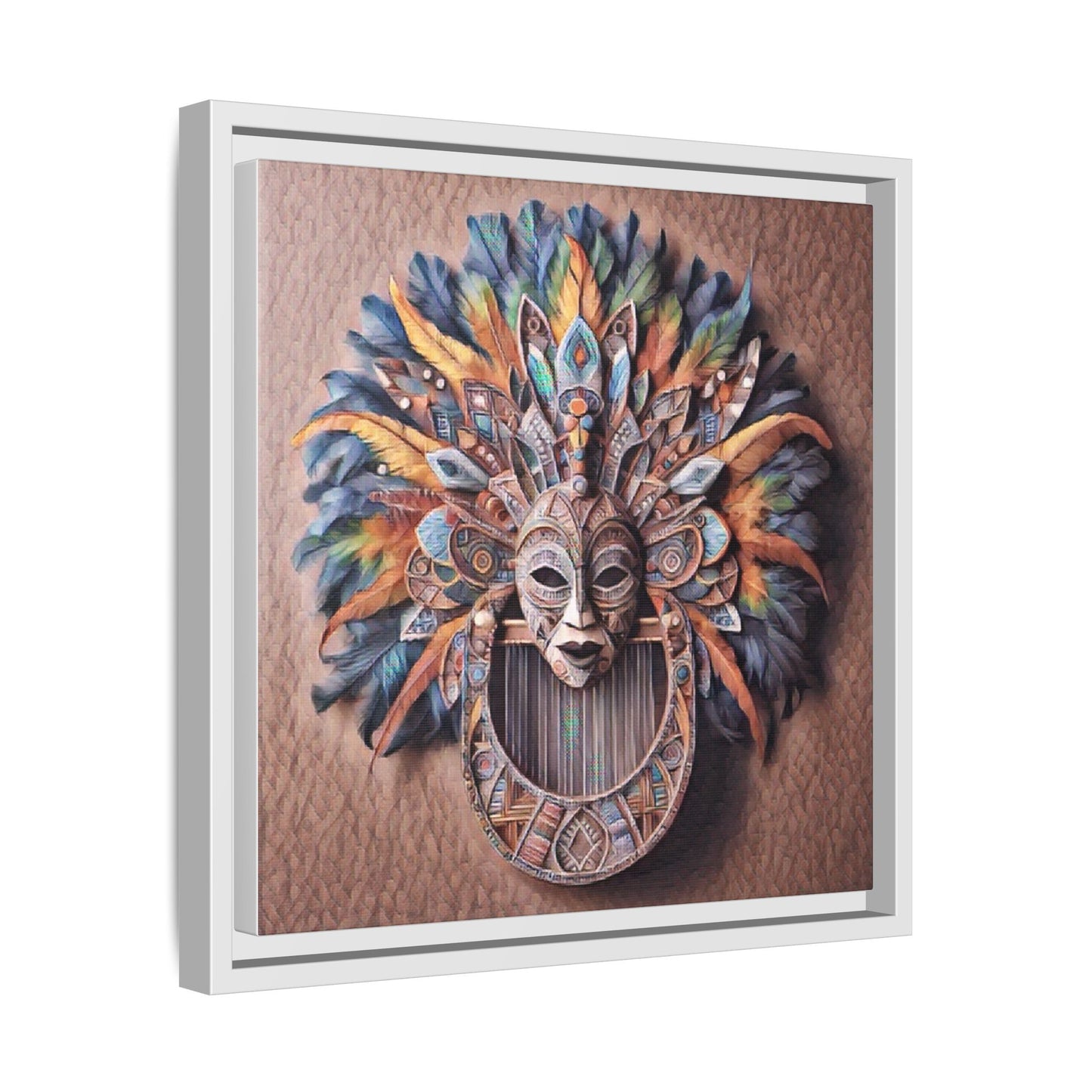 Tribal Feather Mask Framed Canvas Wall Art — Colorful Boho Decorative Print
