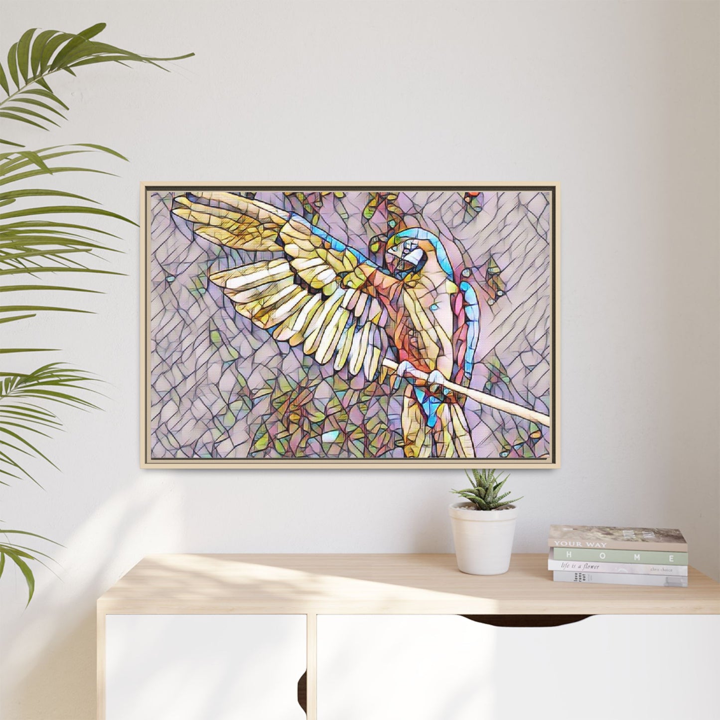 Framed Parrot Stained-Glass Art Print — Matte Canvas Wall Decor