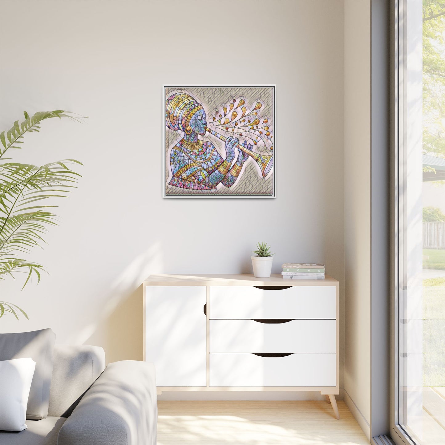 Framed Matte Canvas Art – Colorful African Musician Trumpet Print