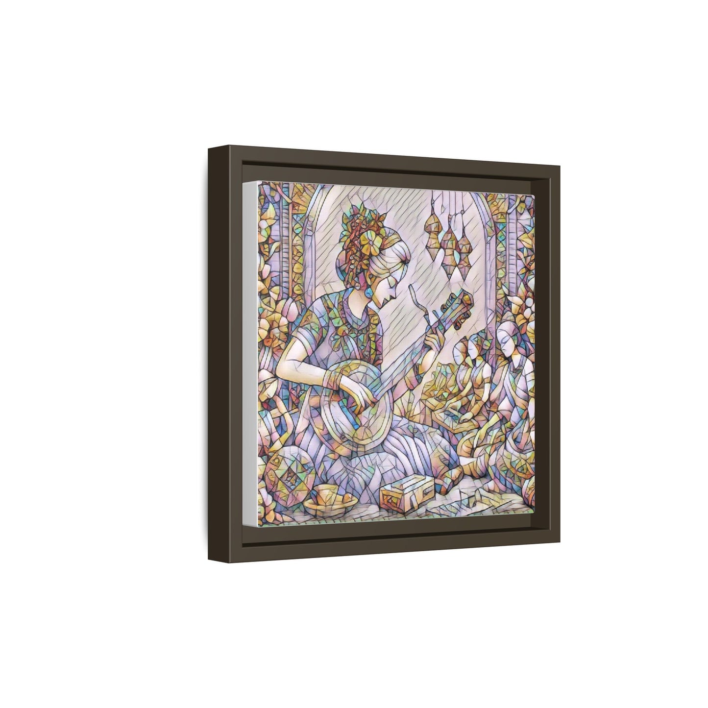 Framed Matte Canvas: Bohemian Woman Playing Lute — Stained-Glass Style Wall Art