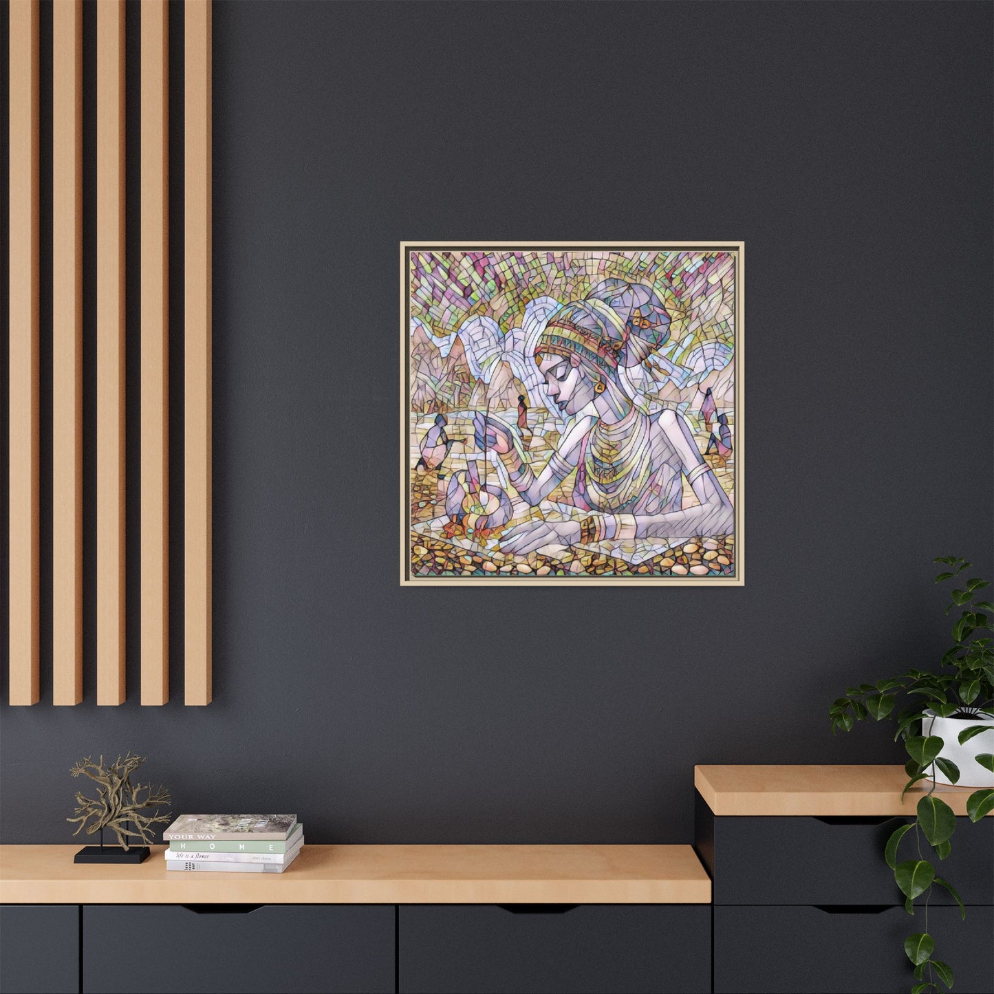 Framed Matte Canvas Art — Mosaic-Inspired Egyptian Woman Illustration