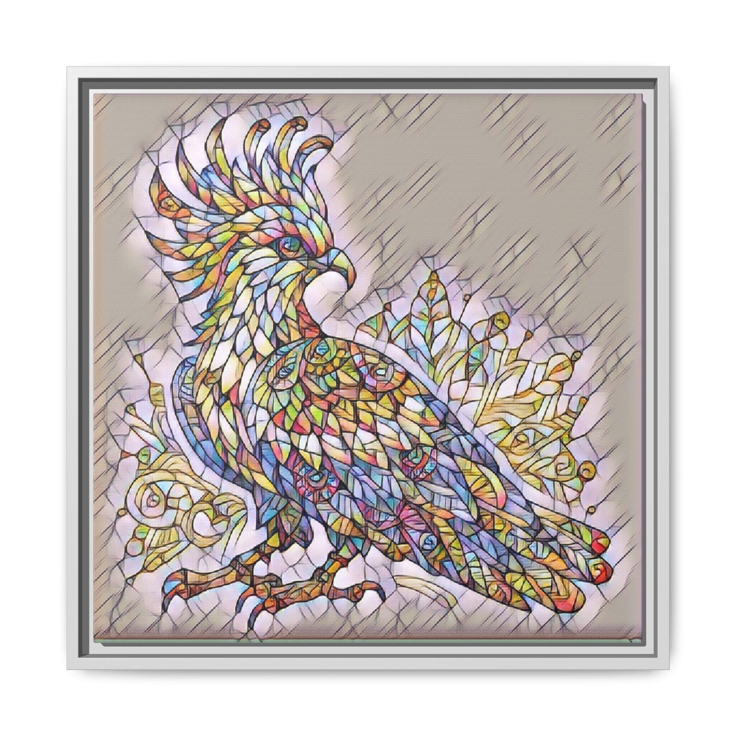 Colorful Stained-Glass Cockatoo Matte Framed Canvas