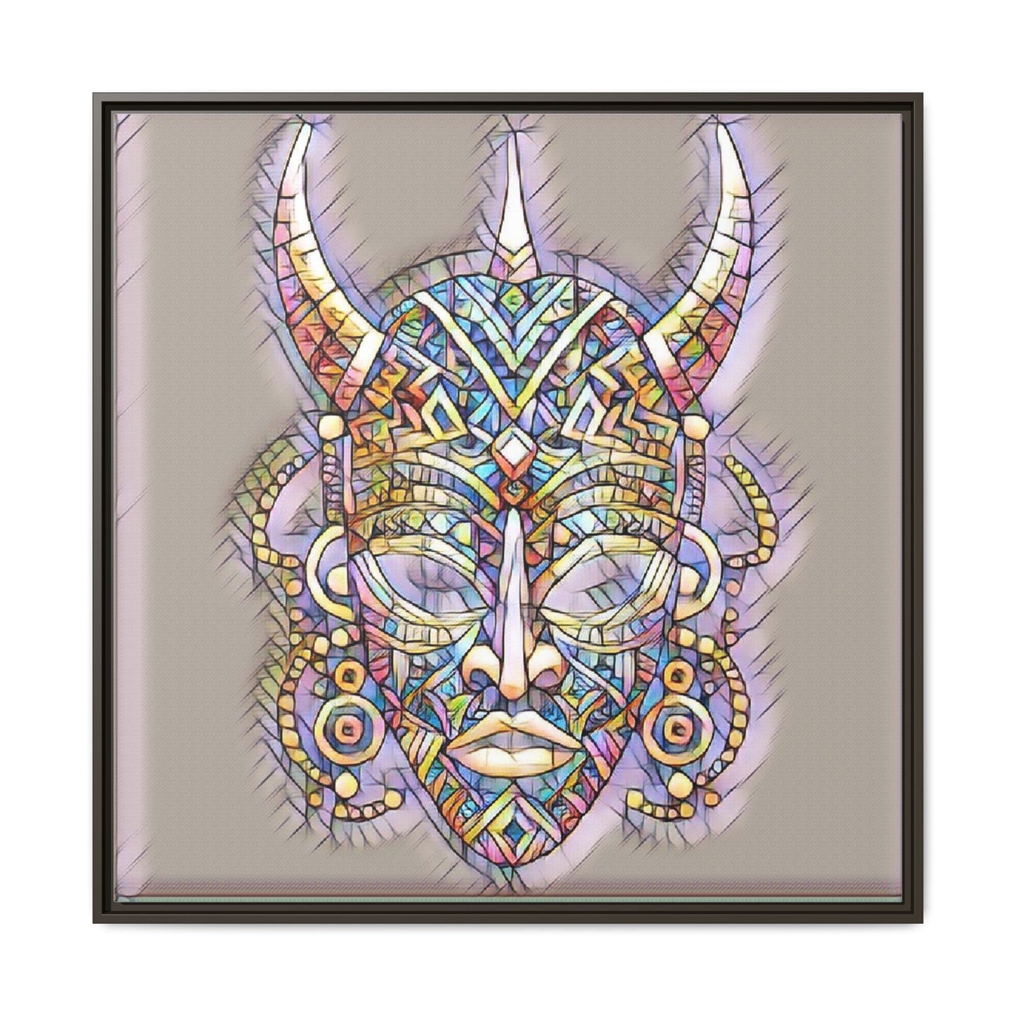 Colorful Tribal Mask Framed Canvas Art — Abstract Ethnic Wall Decor