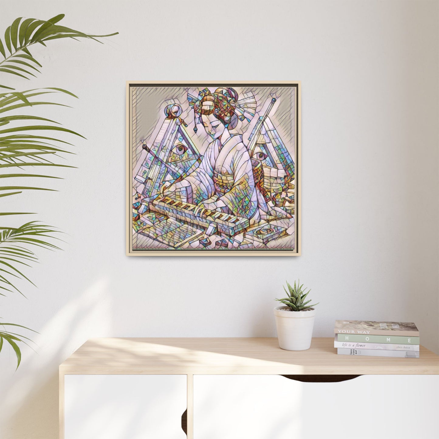 Framed Matte Canvas: Stained-Glass Geisha Wall Art