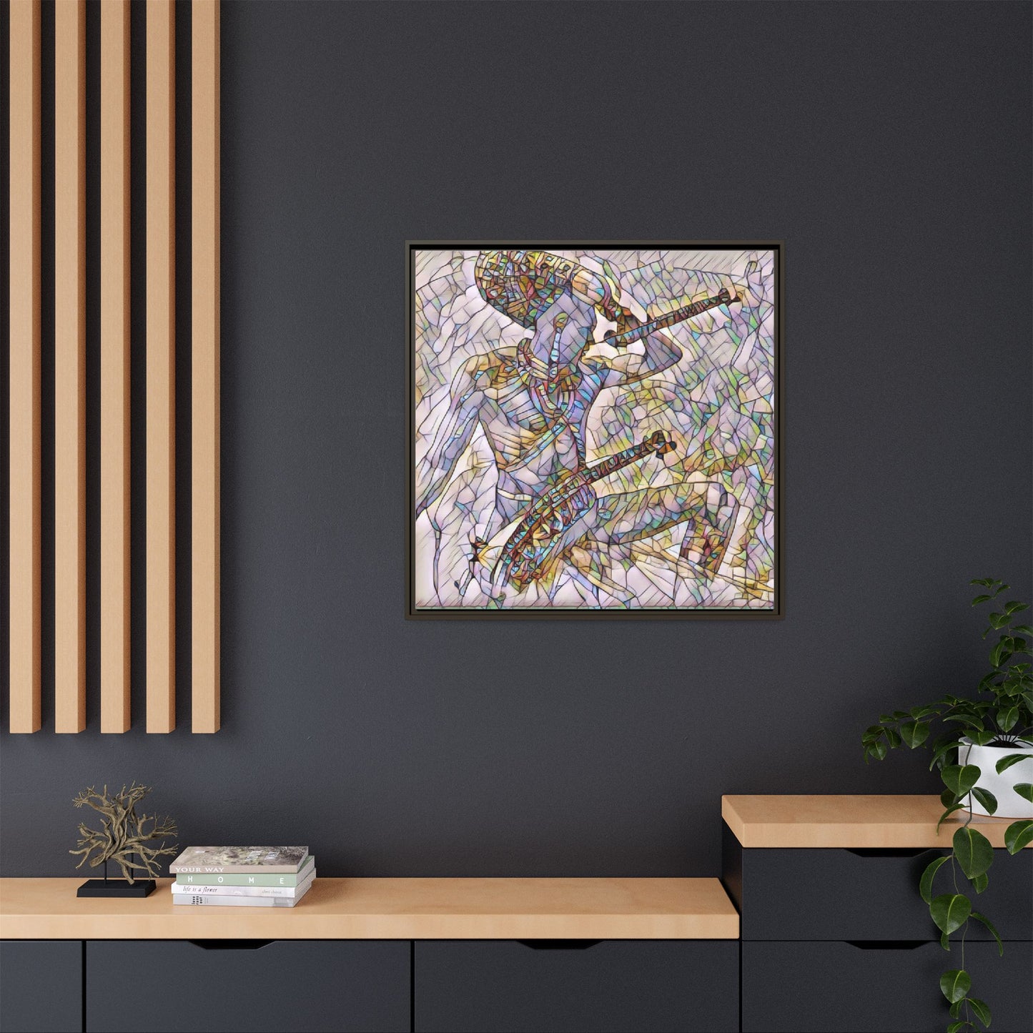 Stained Glass Blue Musician — Framed Matte Canvas Art