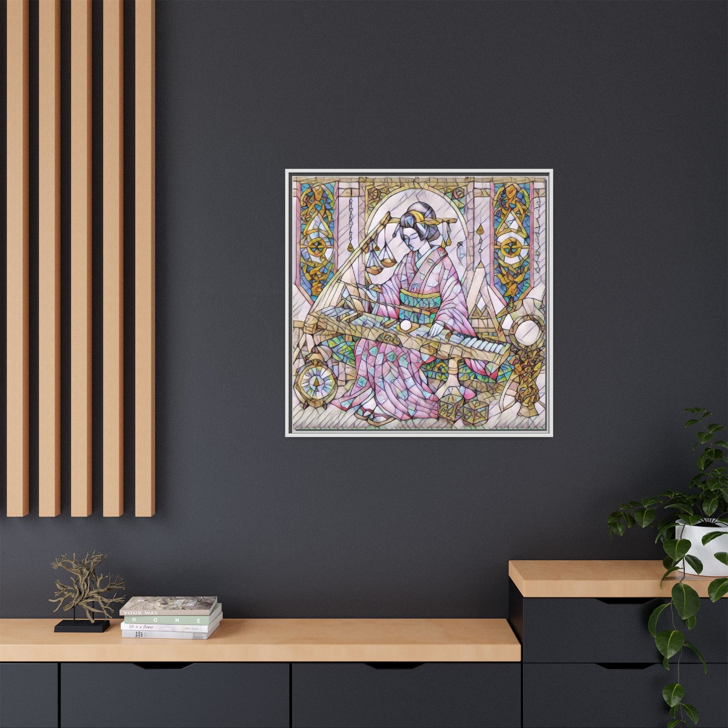 Framed Matte Canvas — Geisha Harp Stained-Glass Art Print