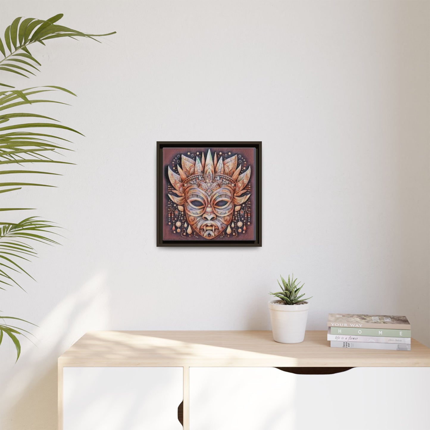 Tribal Sun Mask Framed Canvas Art — Boho Ethnic Wall Decor