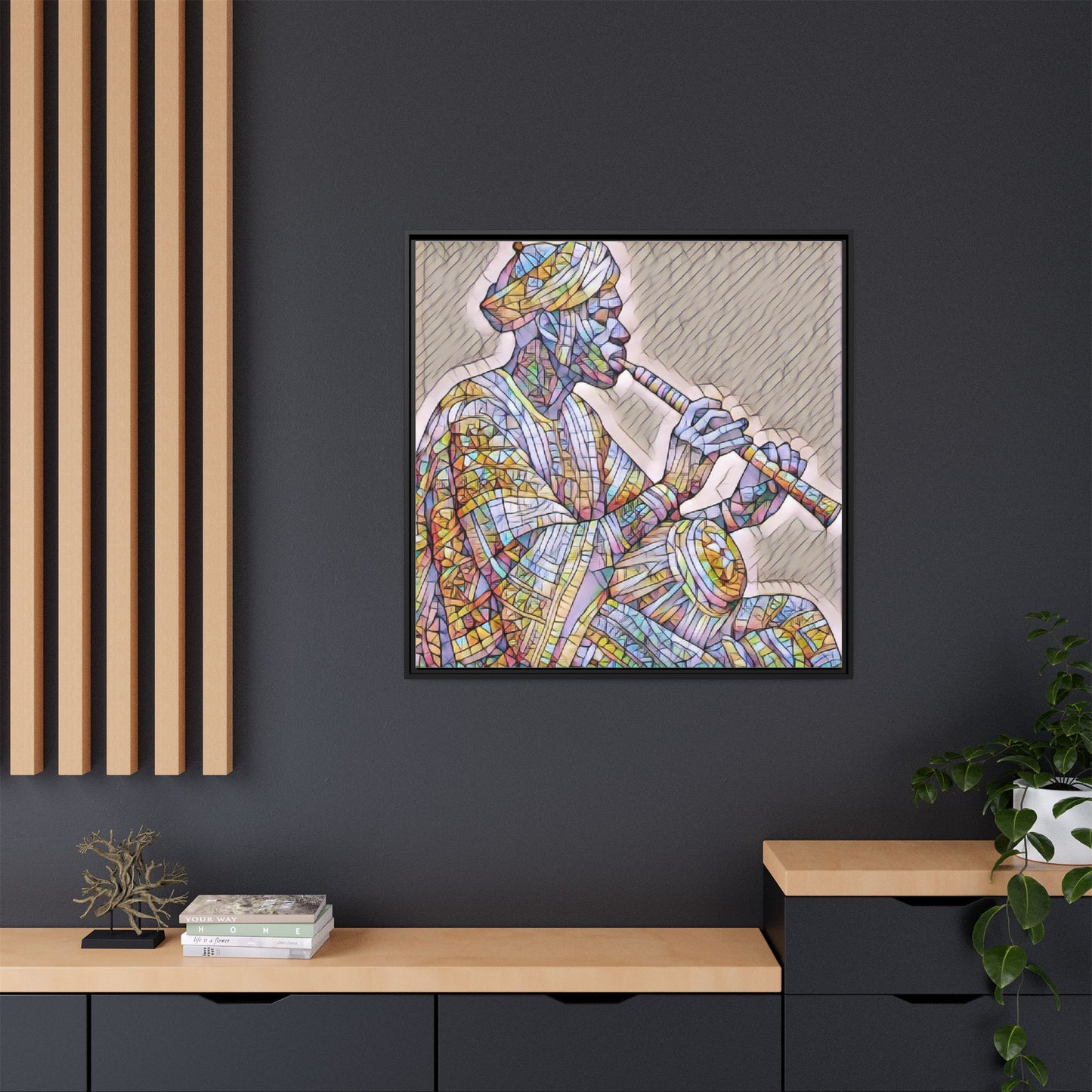 Framed Canvas Art — Colorful Middle Eastern Flute Player Print
