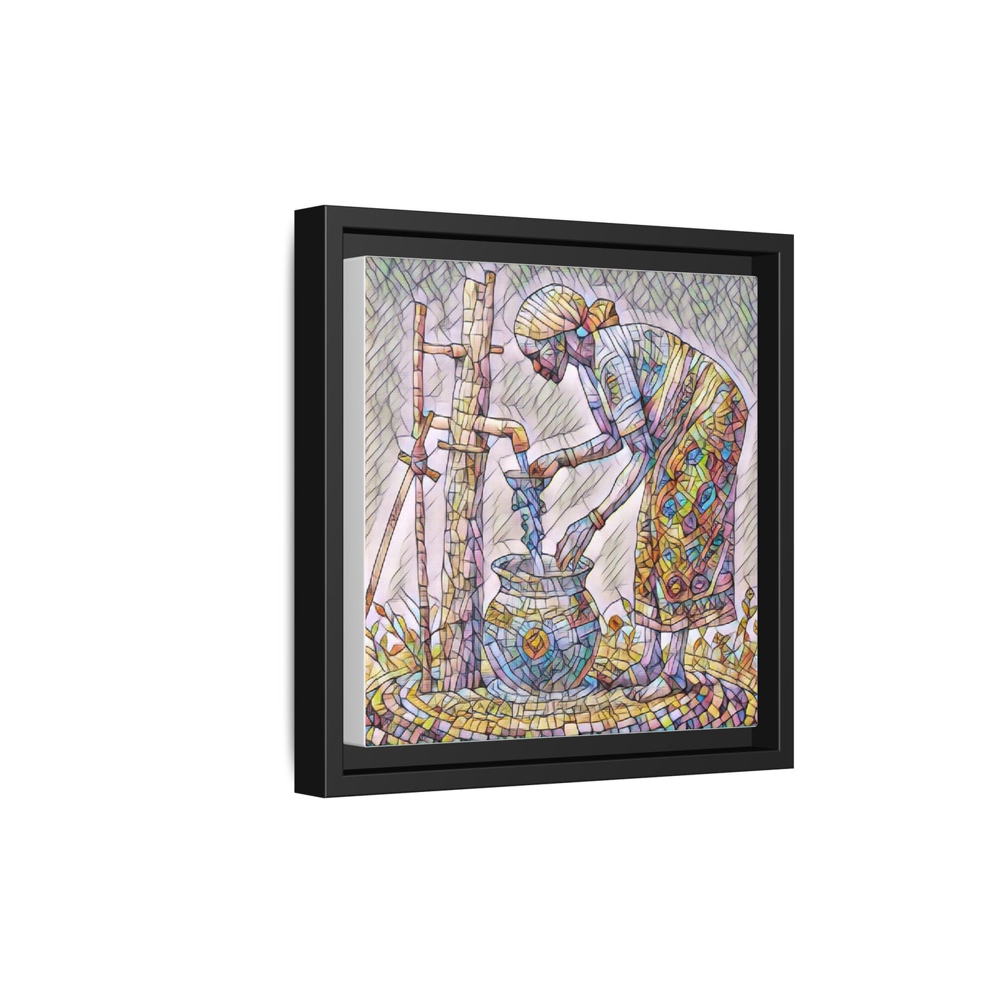 Framed Matte Canvas Art — Colorful Mosaic Woman at Well
