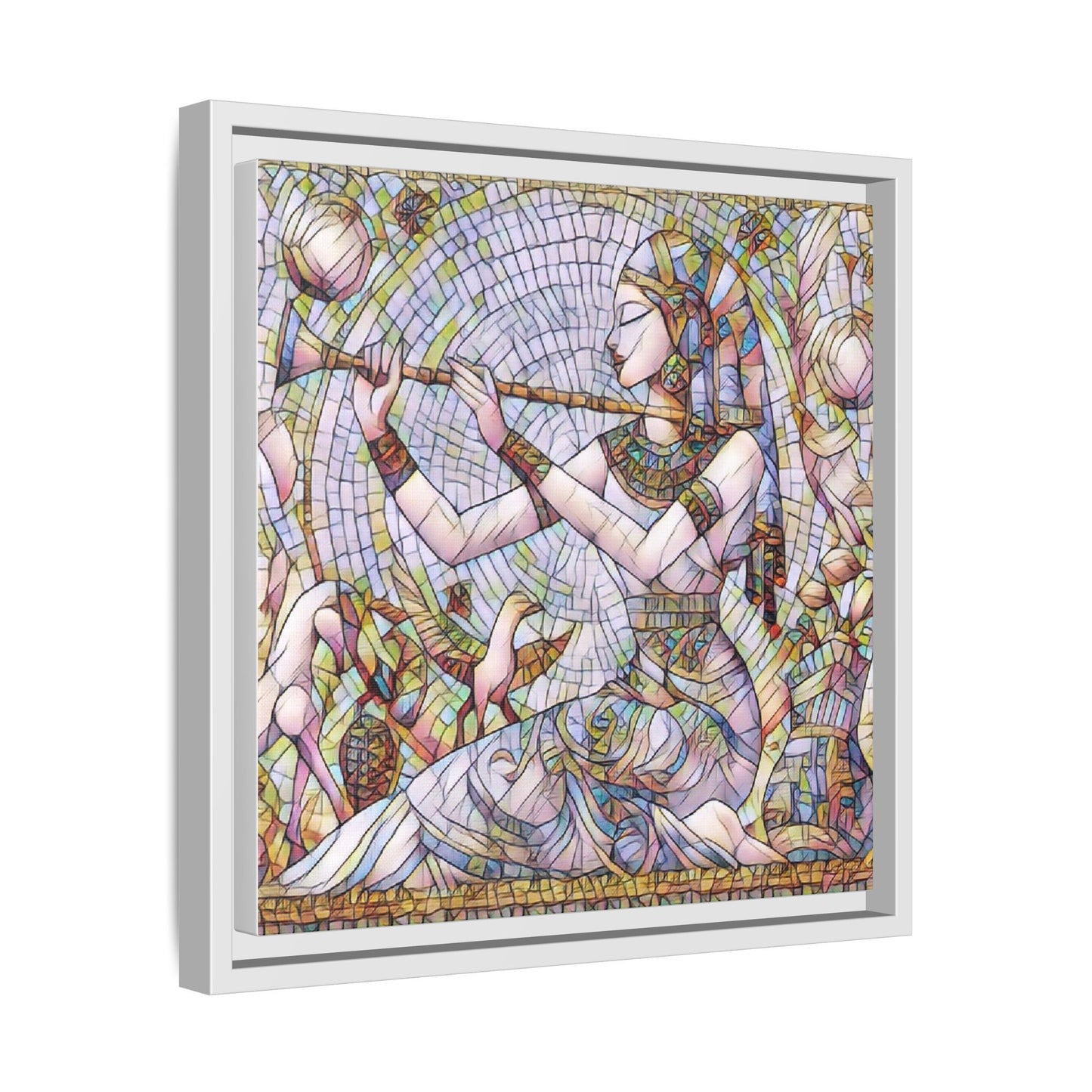 Egyptian Flute Player Framed Canvas Art — Colorful Mosaic Wall Decor