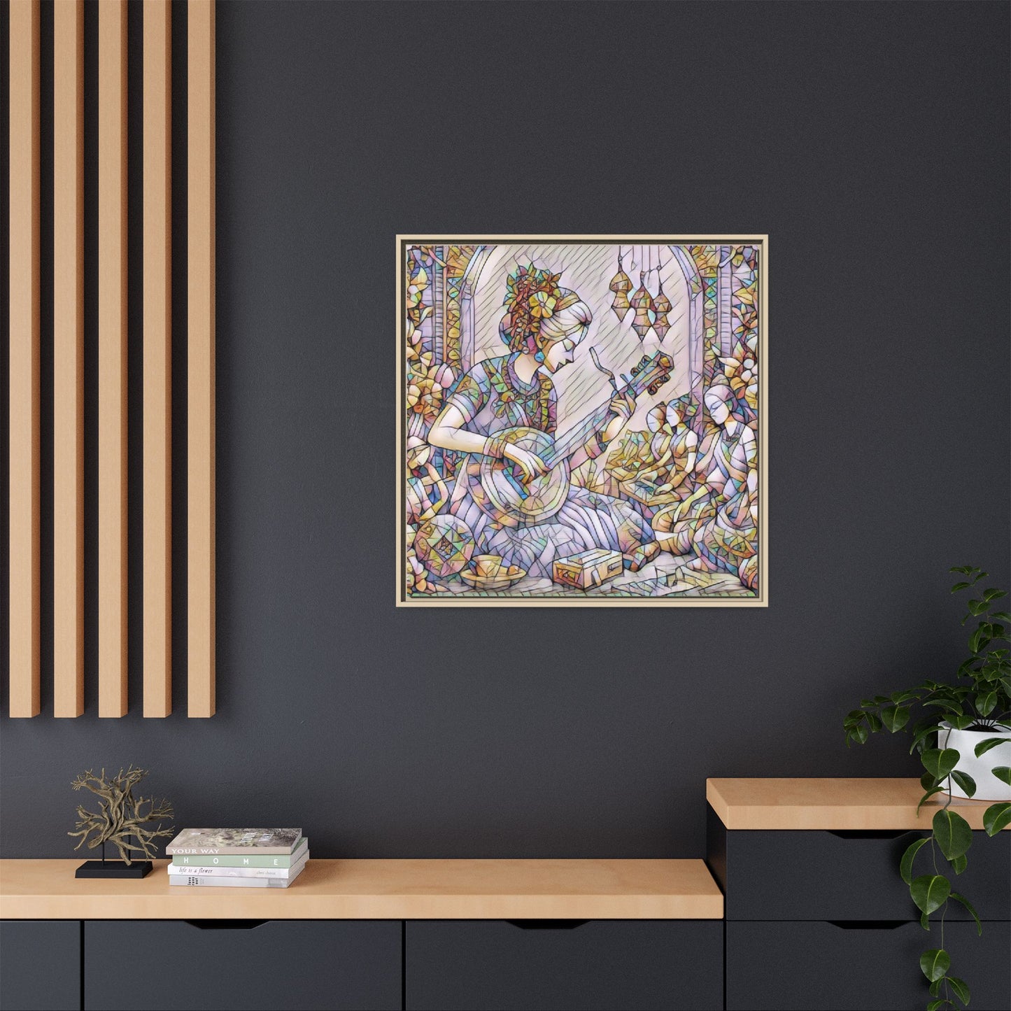 Framed Matte Canvas: Bohemian Woman Playing Lute — Stained-Glass Style Wall Art
