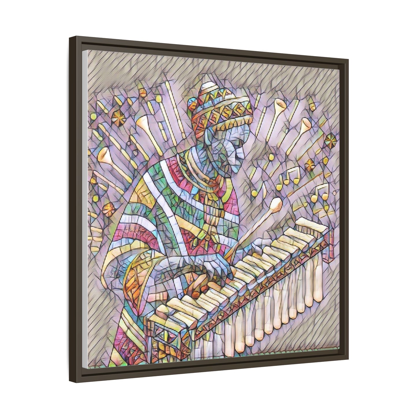 Colorful Marimba Musician Matte Framed Canvas — Vibrant African Instrument Wall Art
