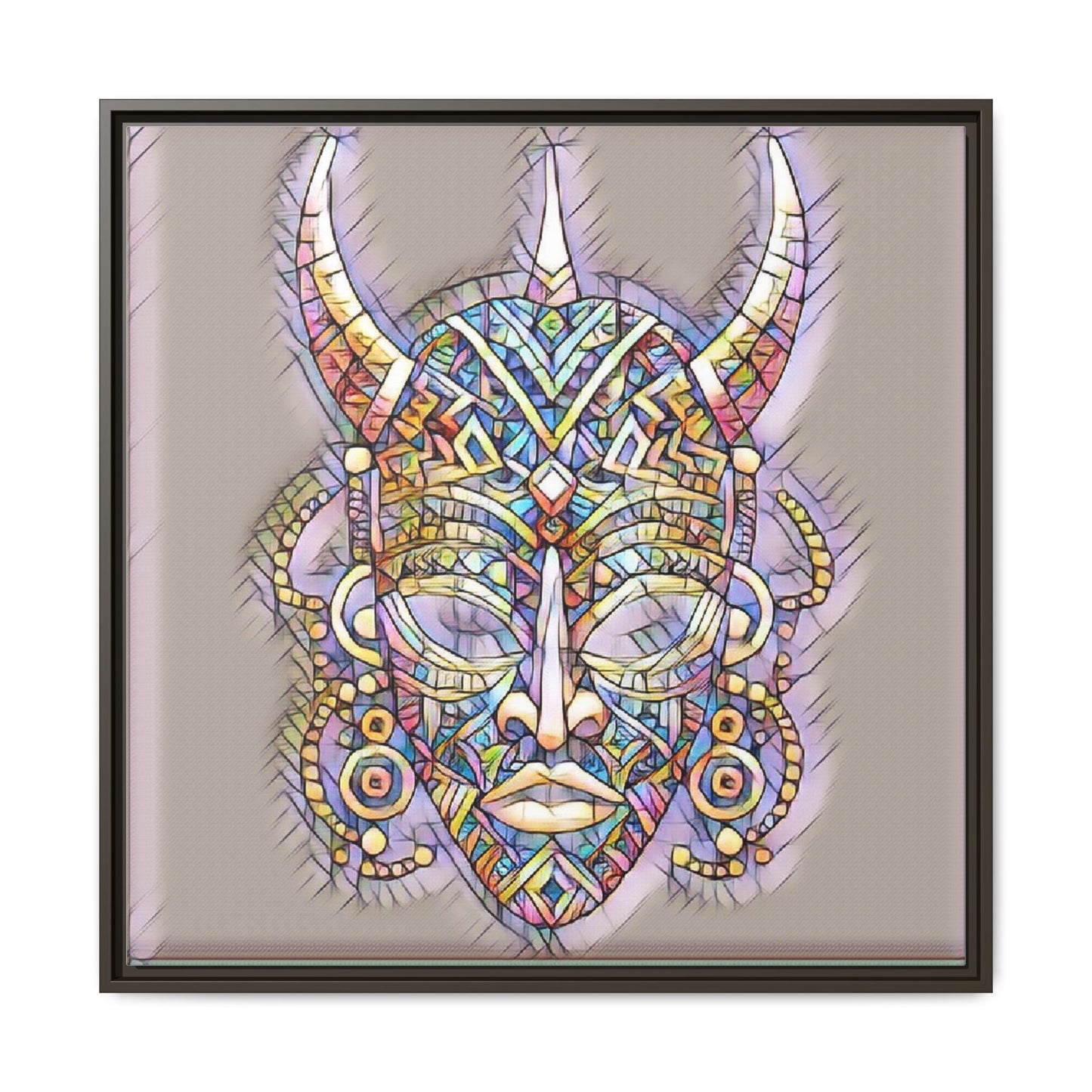 Colorful Tribal Mask Framed Canvas Art — Abstract Ethnic Wall Decor