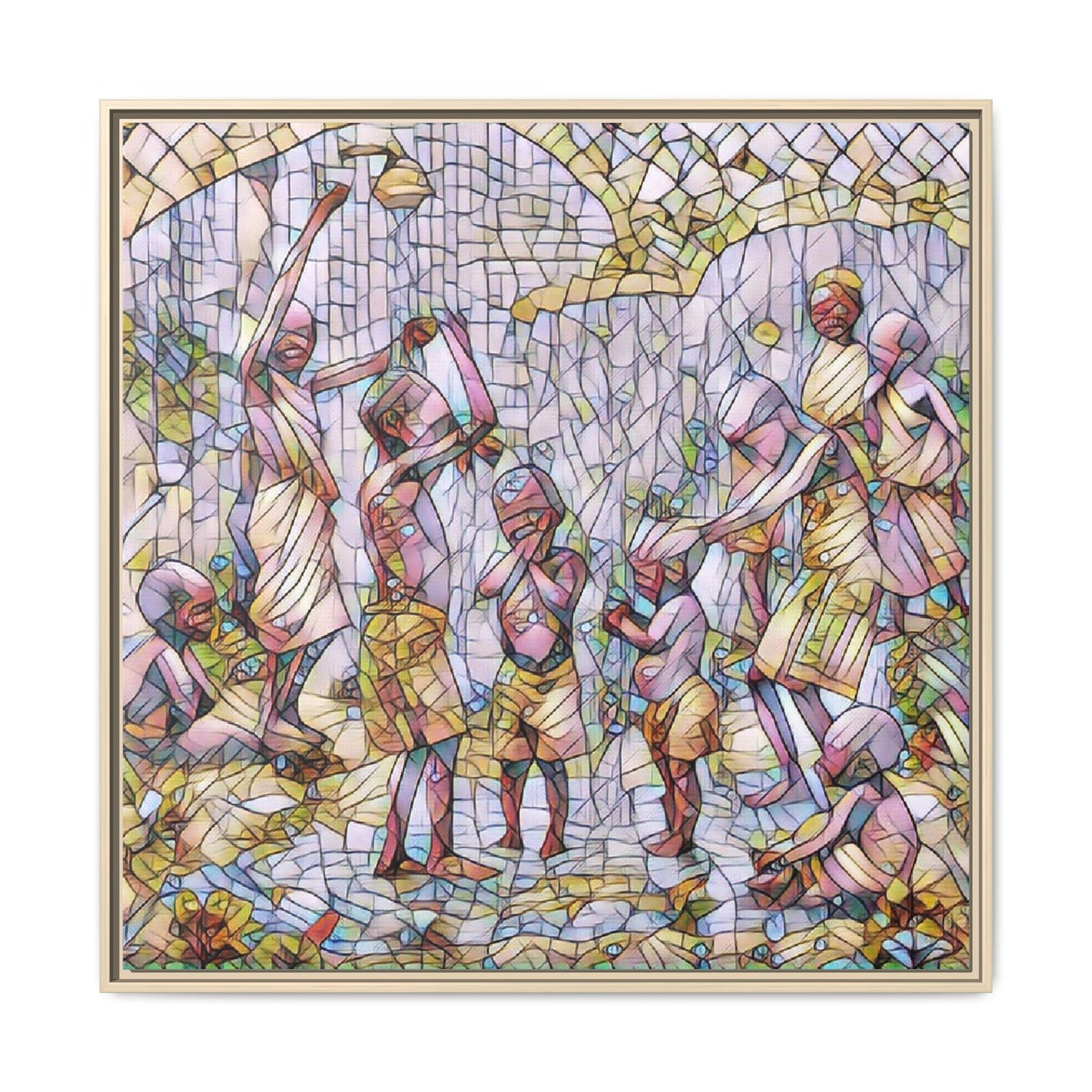 Framed Matte Canvas – Colorful Mosaic Children Playing Wall Art