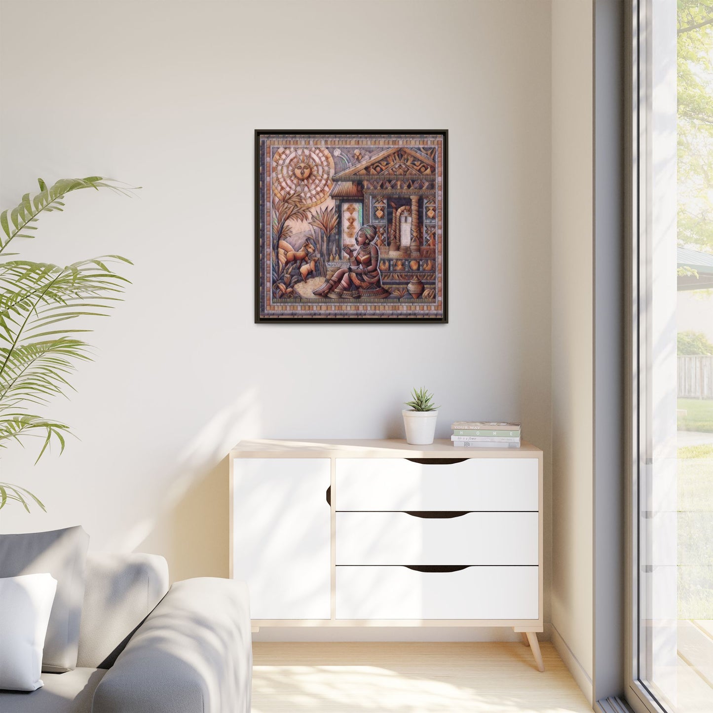 Egyptian Goddess Mosaic Framed Canvas Art — Colorful Ancient Ritual Wall Decor