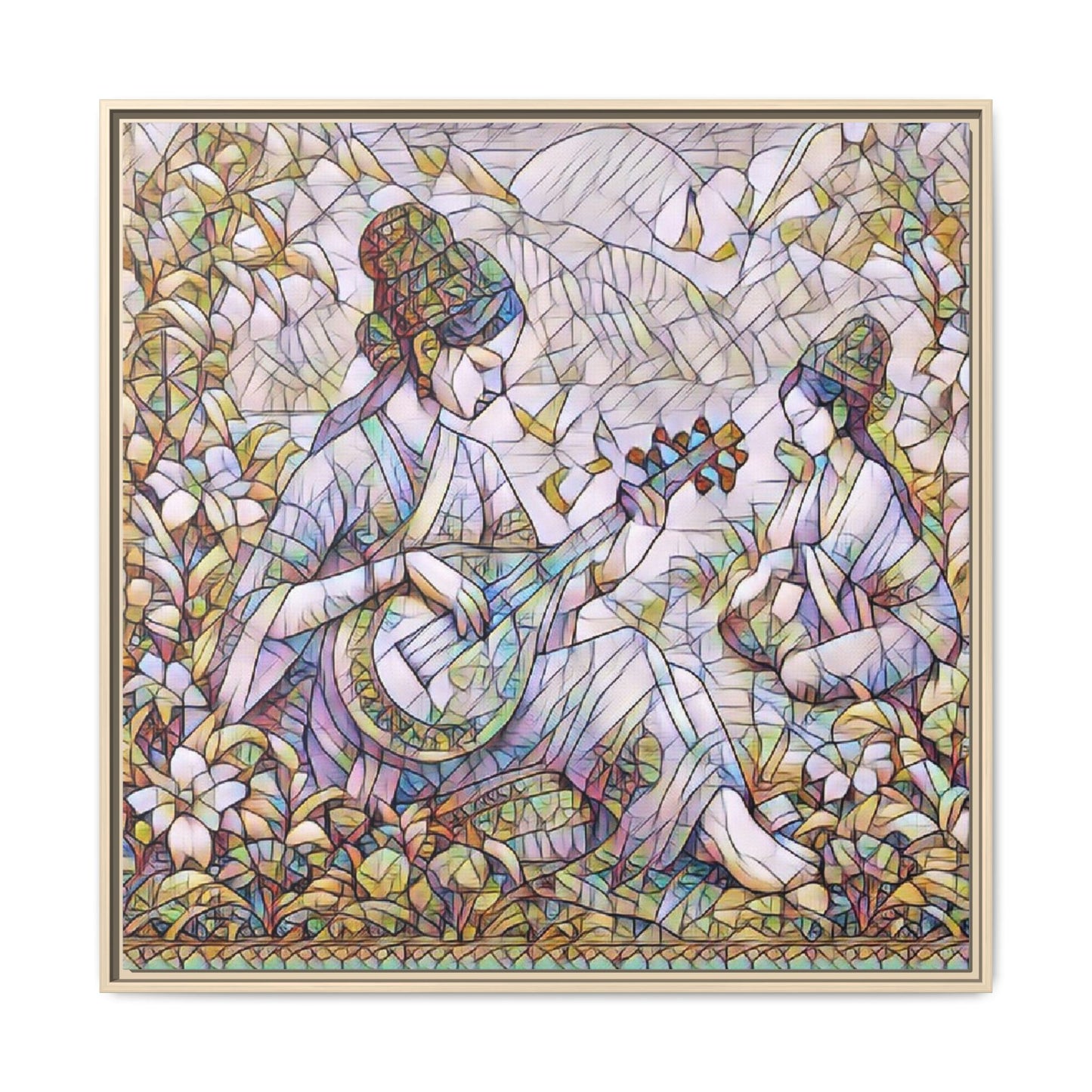 Framed Matte Canvas Art - Vintage Asian Musicians Floral Illustration