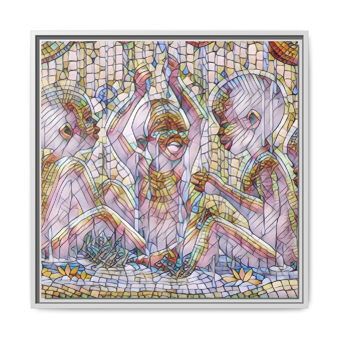 Framed Matte Canvas Art — Mosaic Children Playing (Multicolor)