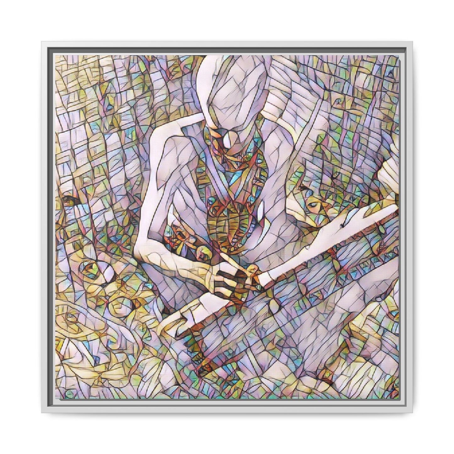Abstract Fantasy Warrior Matte Framed Canvas — Colorful Stained-Glass Style Art