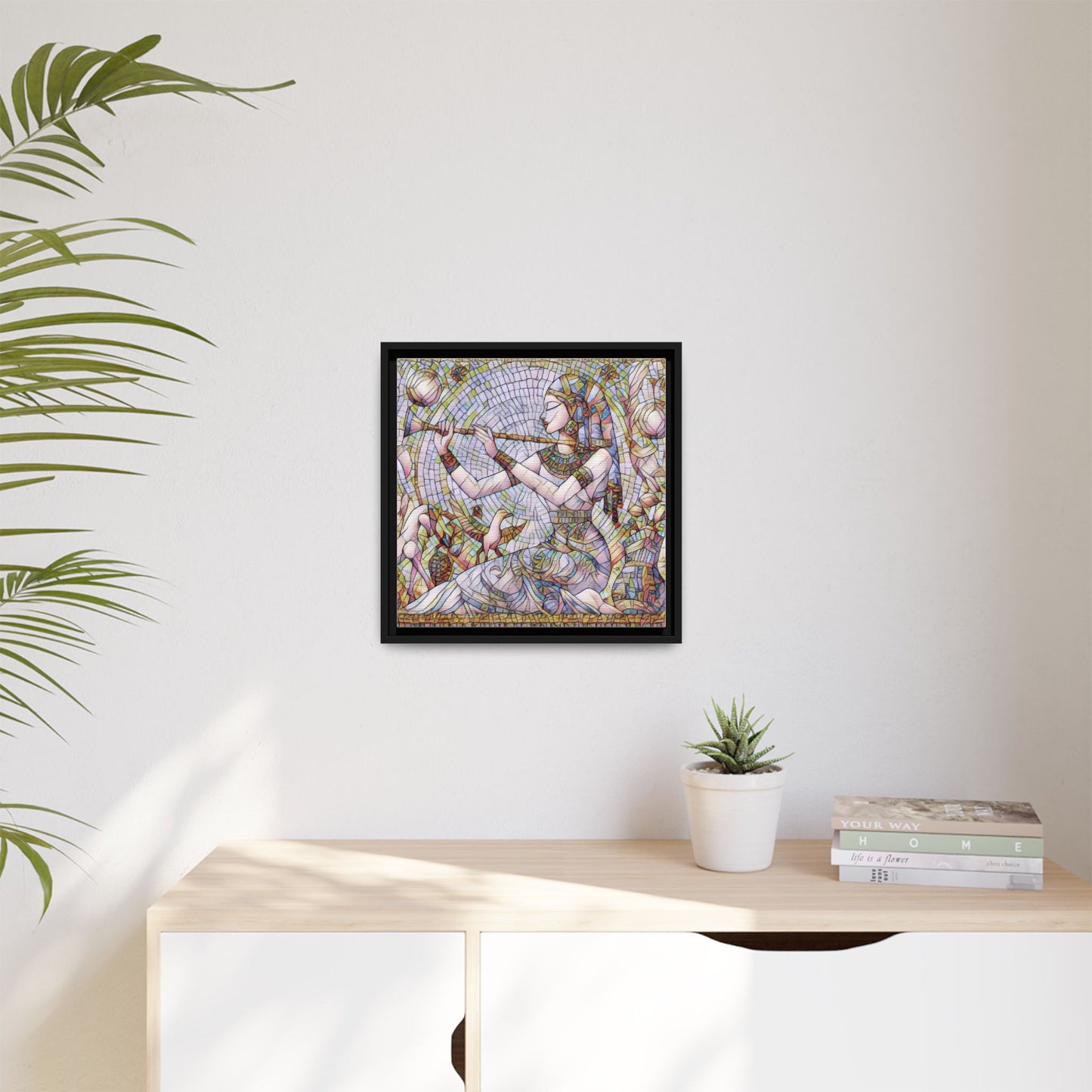 Egyptian Flute Player Framed Canvas Art — Colorful Mosaic Wall Decor