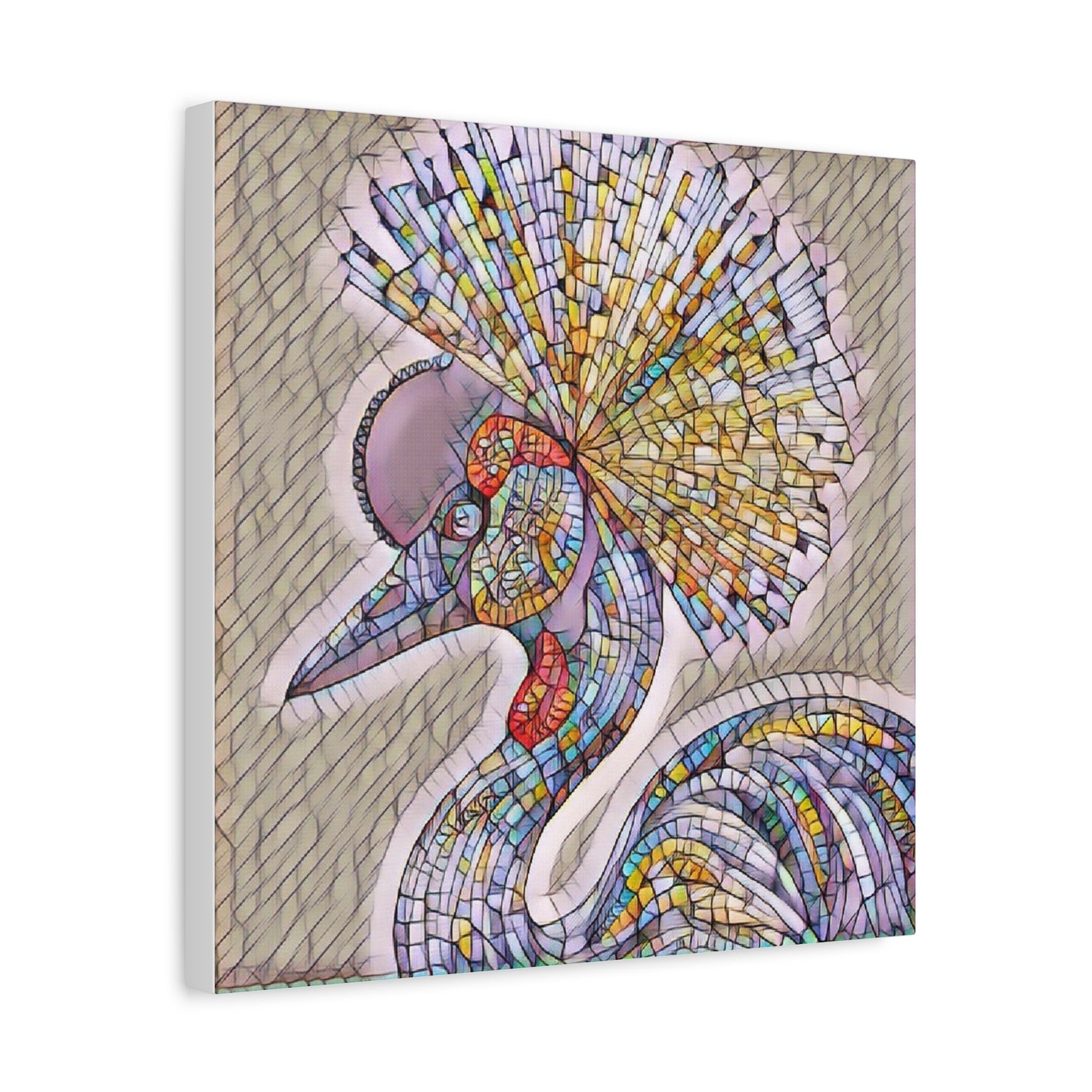 Colorful Mosaic Crowned Crane Canvas Wall Art — Stretched Matte Print